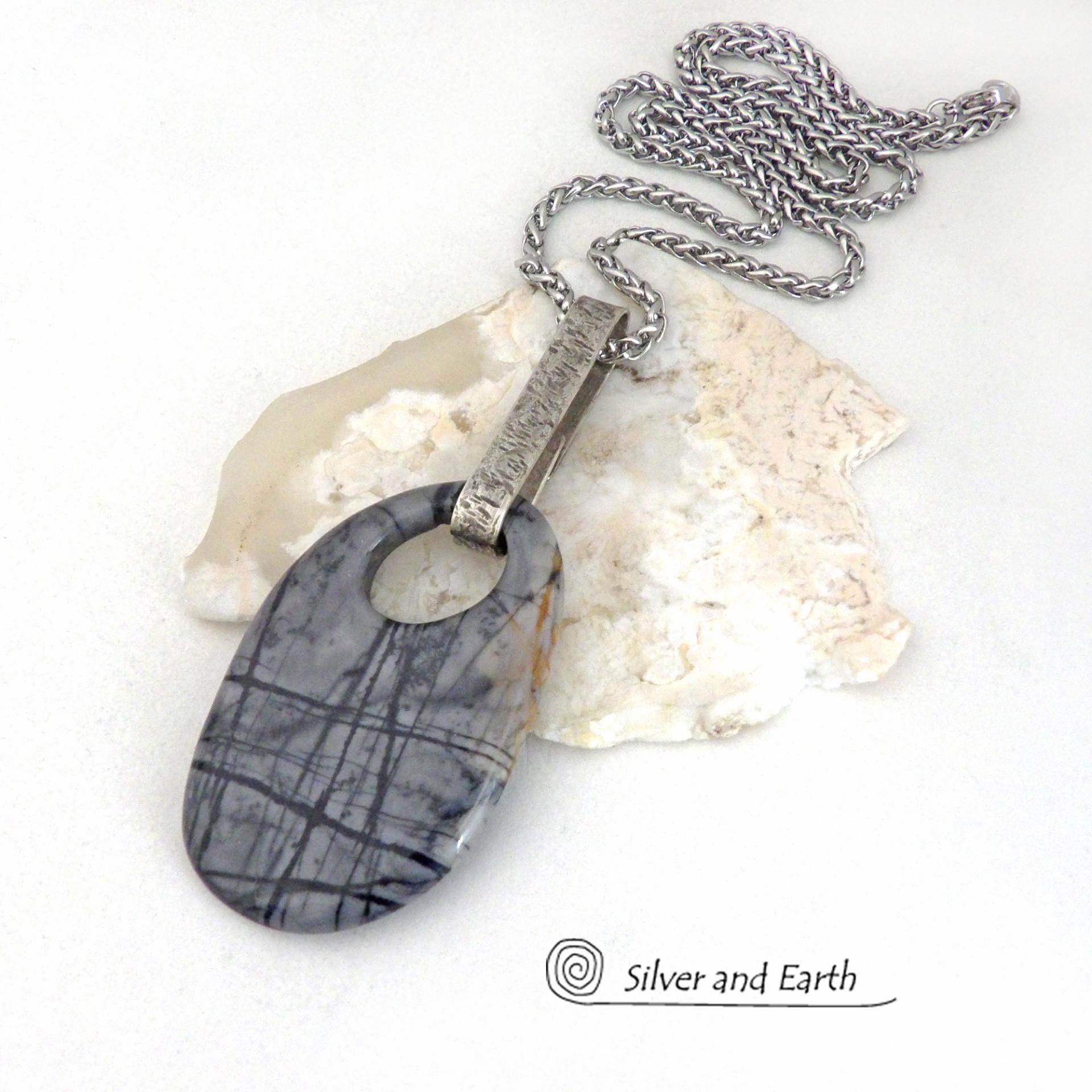 Picasso Marble Gemstone Sterling Silver Pendant Necklace - One of a Kind Earthy Natural Stone Jewelry