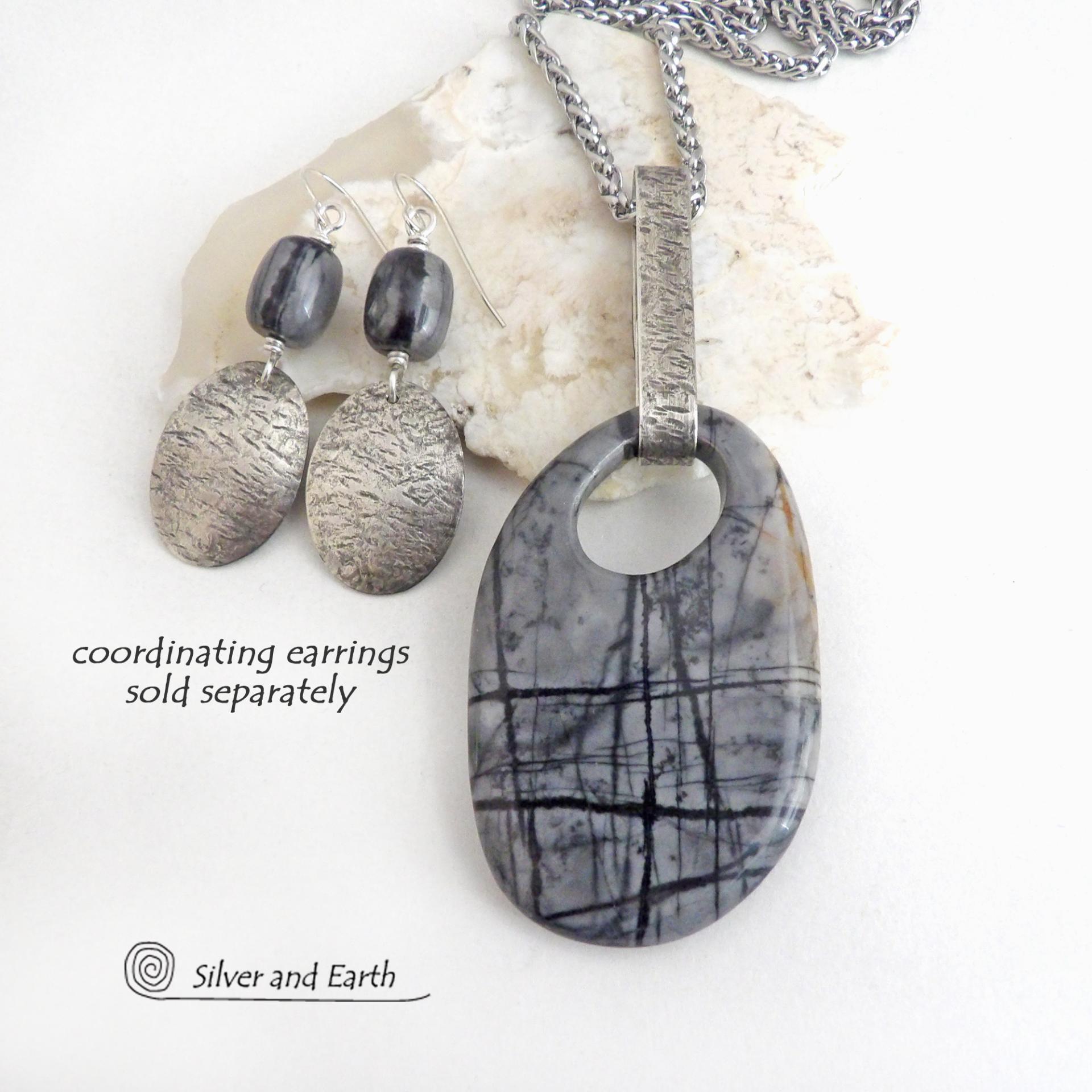 Picasso Marble Gemstone Sterling Silver Pendant Necklace with Coordinating Matching Earrings - One of a Kind Earthy Natural Stone Jewelry