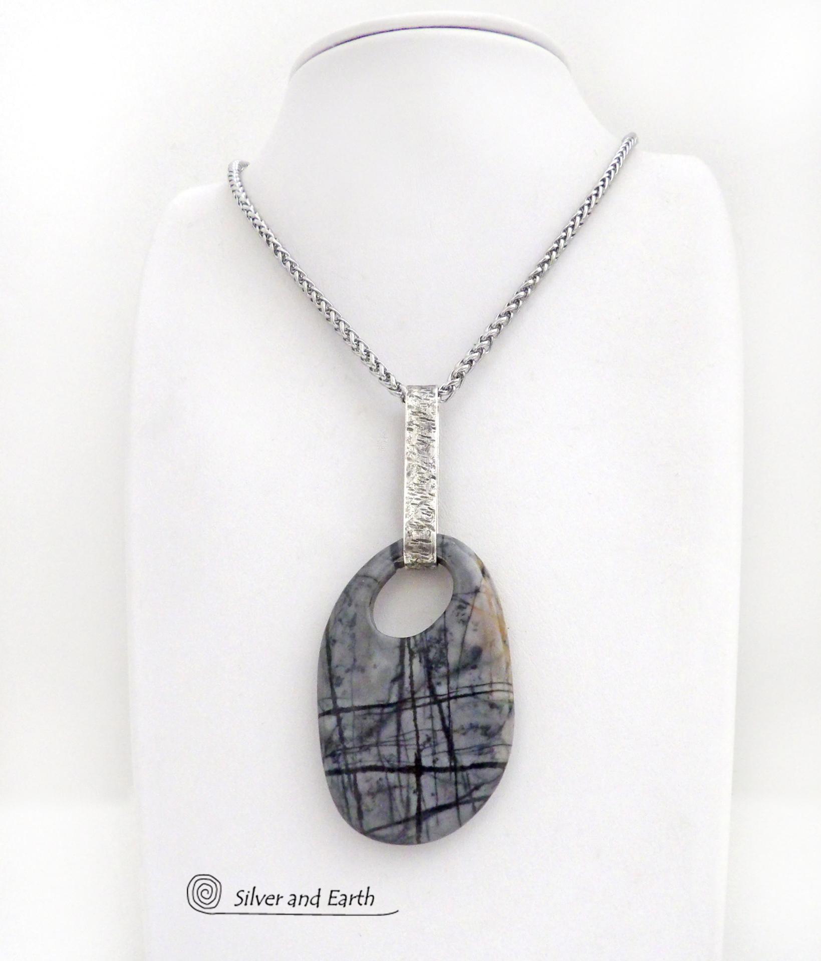 Picasso Marble Gemstone Sterling Silver Pendant Necklace - One of a Kind Earthy Natural Stone Jewelry