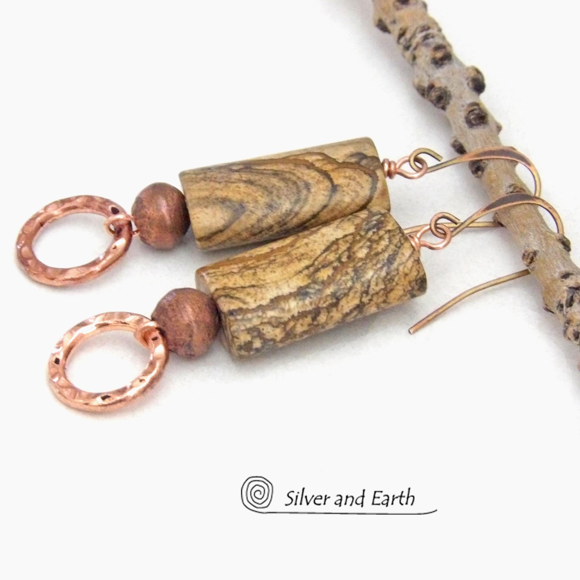 Picture Jasper Stone Earrings with Hammered Copper Dangles - Earthy Natural Stone Jewelry