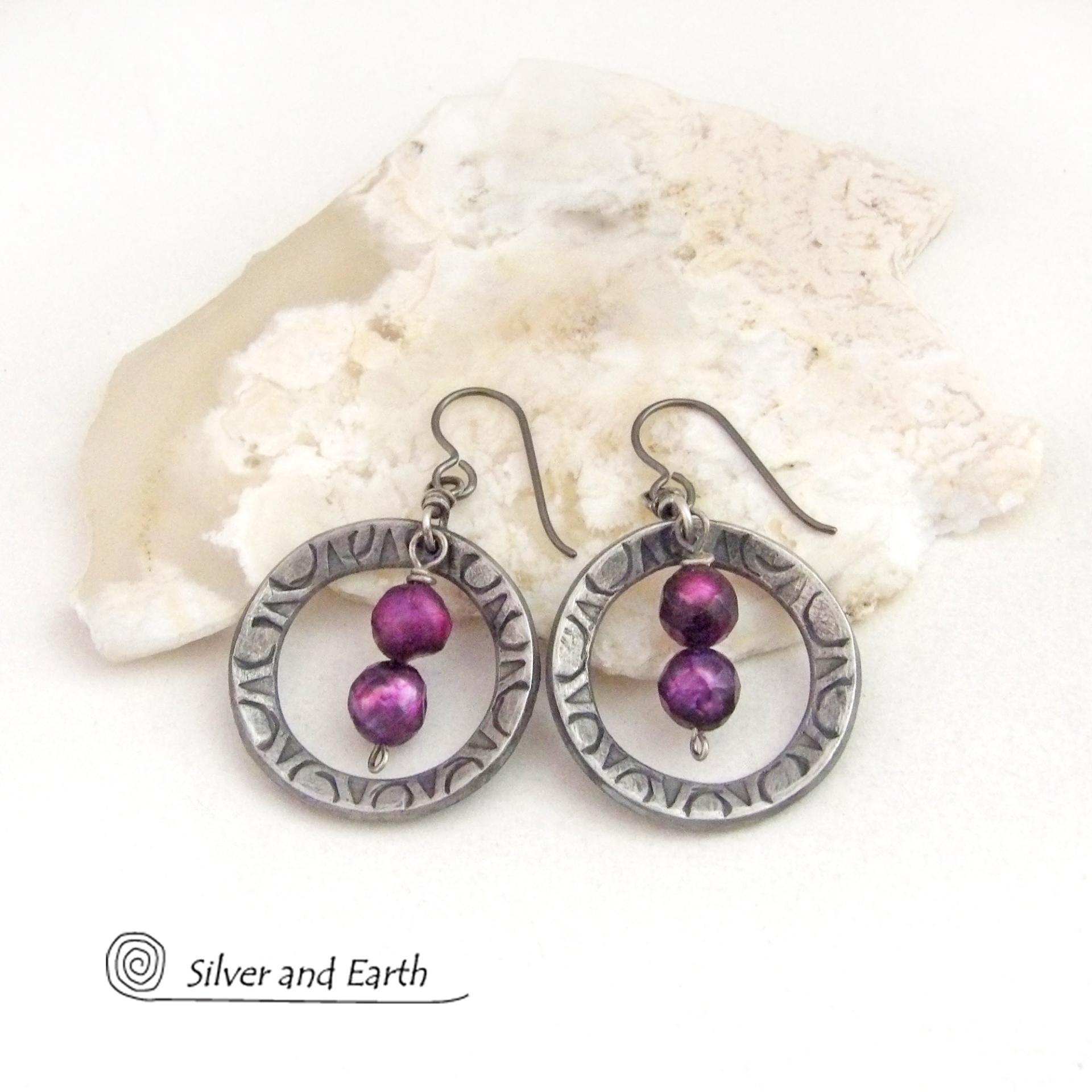 These handcrafted silver pewter hoop earrings have a hand stamped texture and are accented with purple freshwater pearls with a faceted finish. They have a modern chic, classic style that is always in fashion and will coordinate beautifully with all wardrobe types - dressed up or down. They'll make a great wife gift for couples celebrating their 10th year of marriage