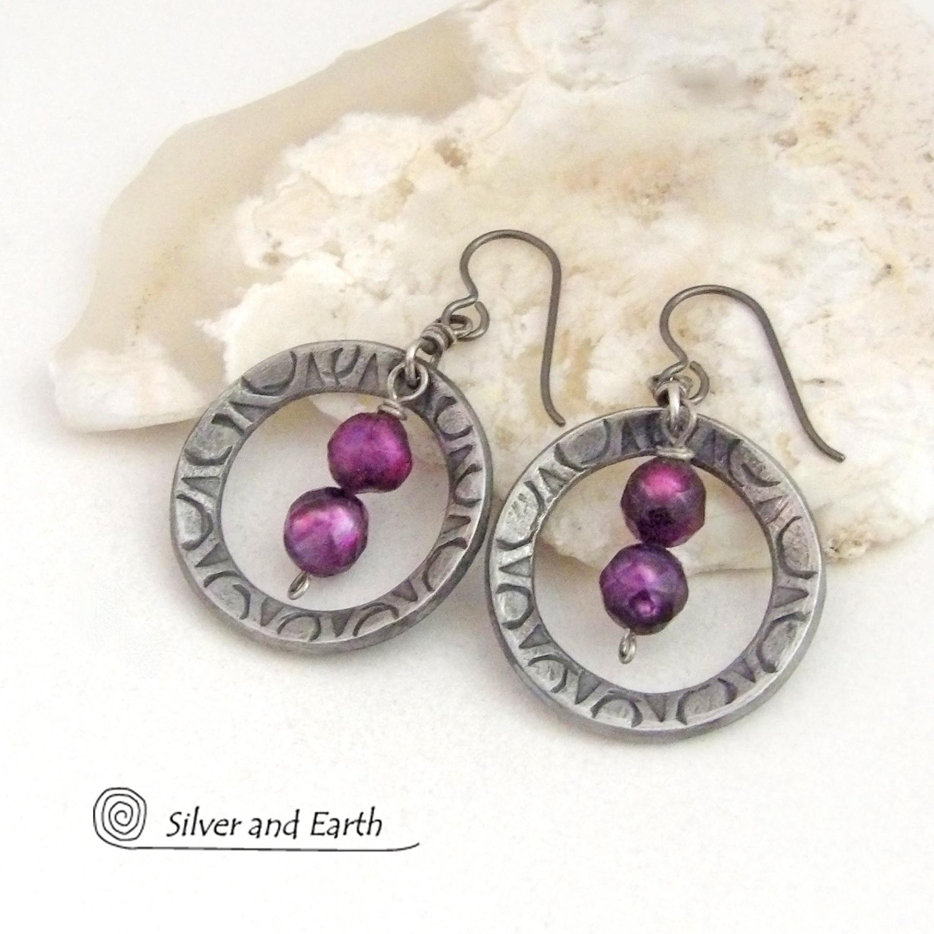 Silver Pewter Hoop Dangle Earrings with Purple Pearls - Elegant Dressy Modern Chic Freshwater Pearl Jewelry