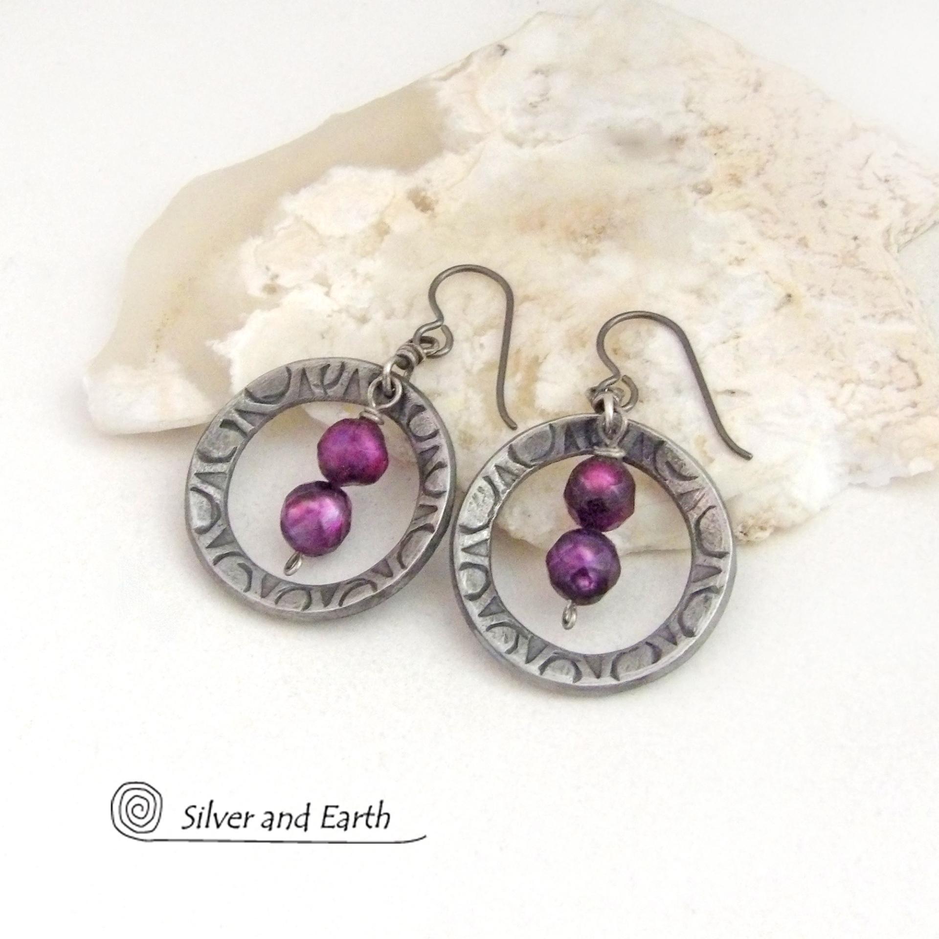 These handcrafted silver pewter hoop earrings have a hand stamped texture and are accented with purple freshwater pearls with a faceted finish. They have a modern chic, classic style that is always in fashion and will coordinate beautifully with all wardrobe types - dressed up or down. They'll make a great wife gift for couples celebrating their 10th year of marriage