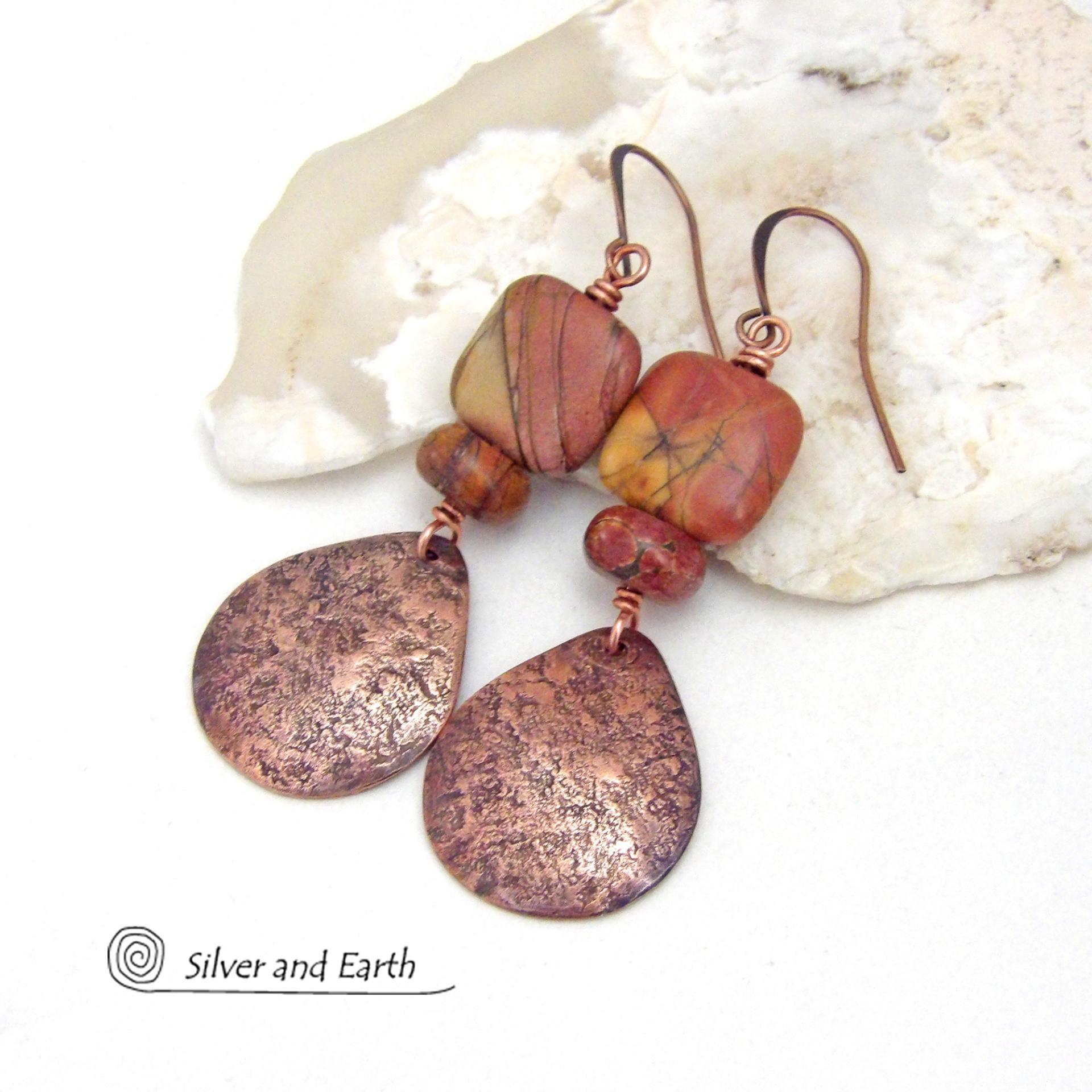 Copper Teardrop Dangle Earrings with Red Creek Jasper Stones - Handmade Earthy Natural Gemstone Jewelry