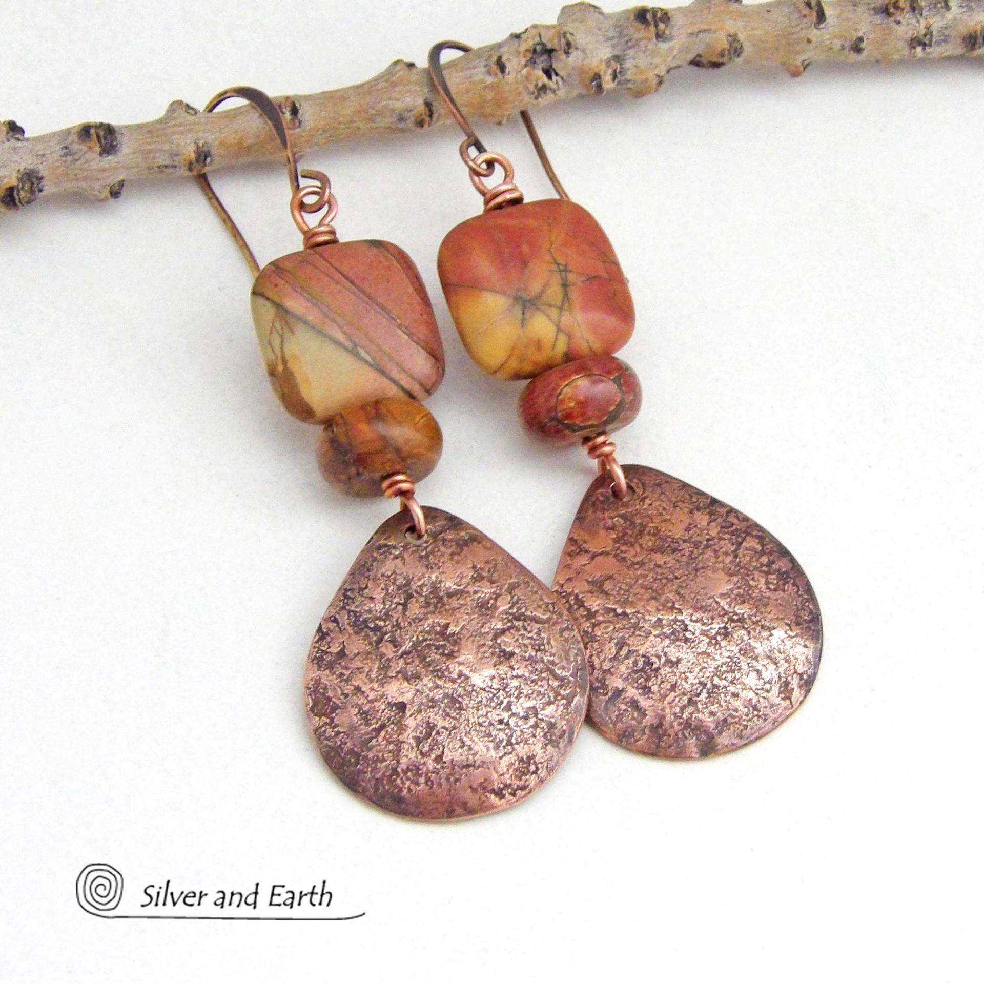 Copper Teardrop Dangle Earrings with Red Creek Jasper Stones - Handmade Earthy Natural Gemstone Jewelry