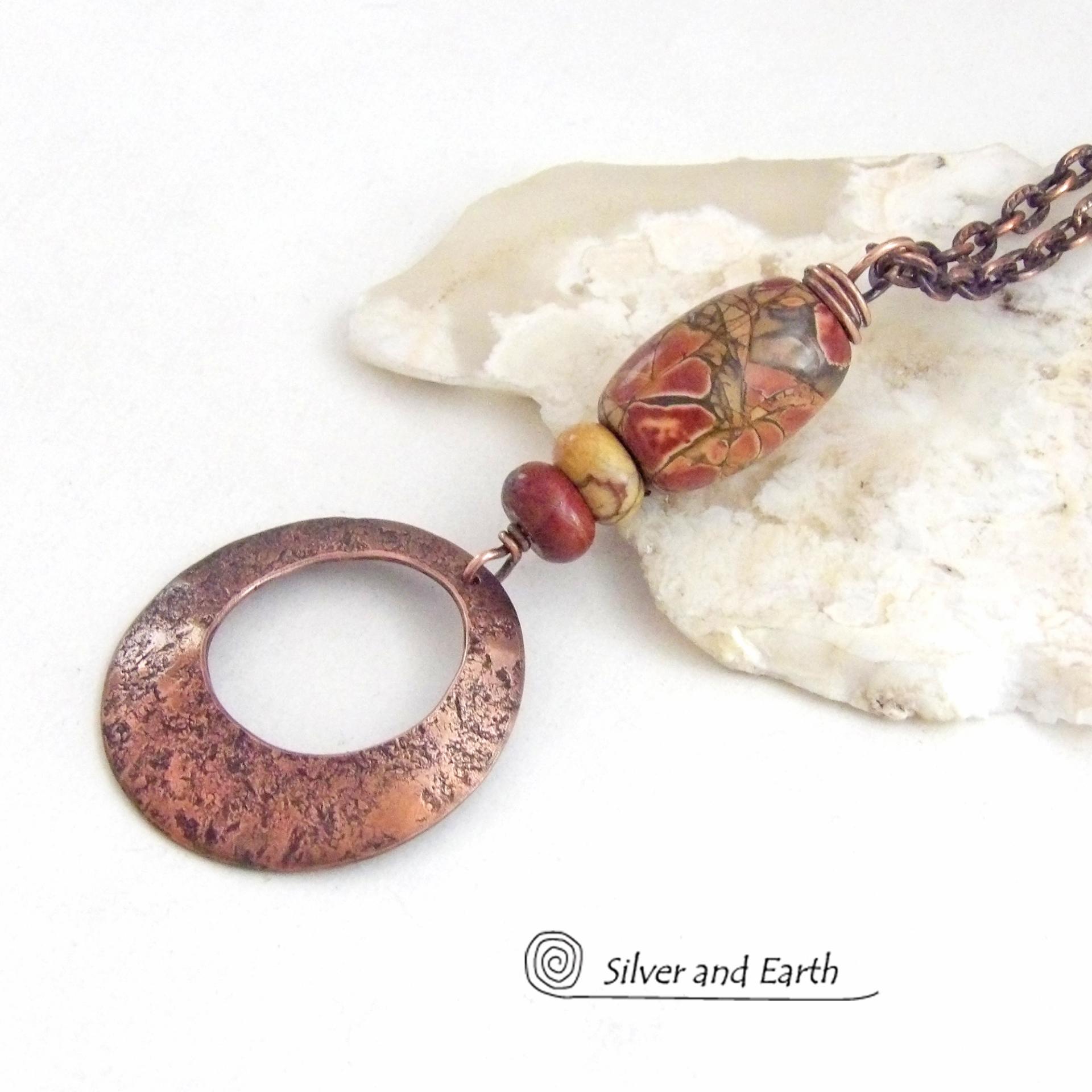 Red Creek Jasper Stone and Copper Circle Pendant Necklace - Modern Earthy Chic One of a Kind Natural Stone Jewelry
