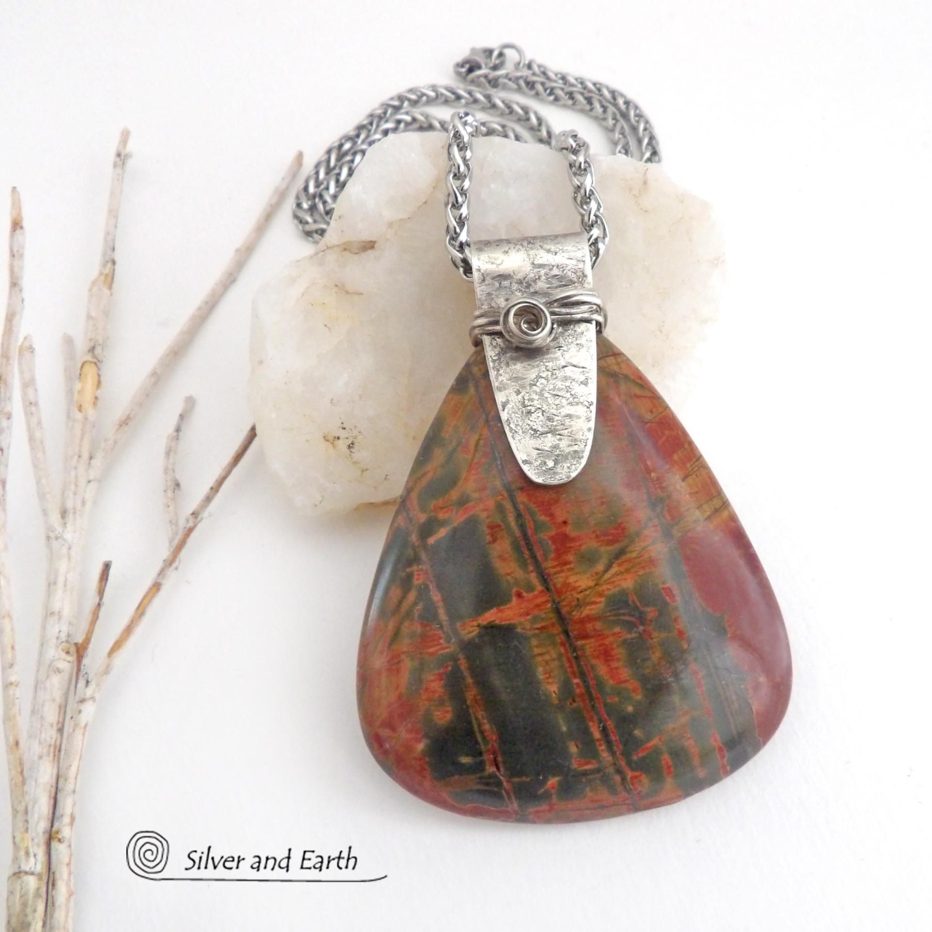 Large Red Creek Jasper Stone Sterling Silver Necklace 