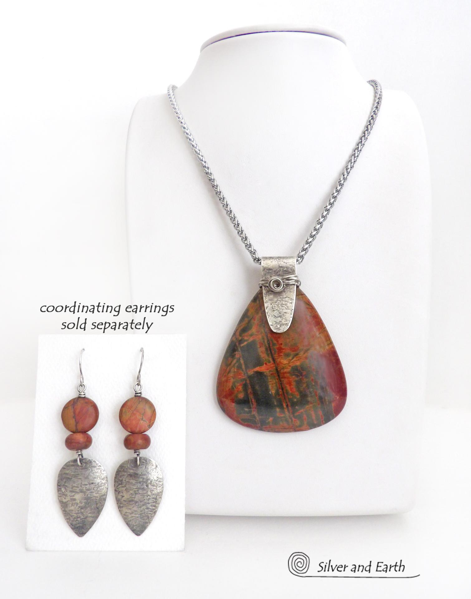 Large Red Creek Jasper Stone Sterling Silver Necklace 