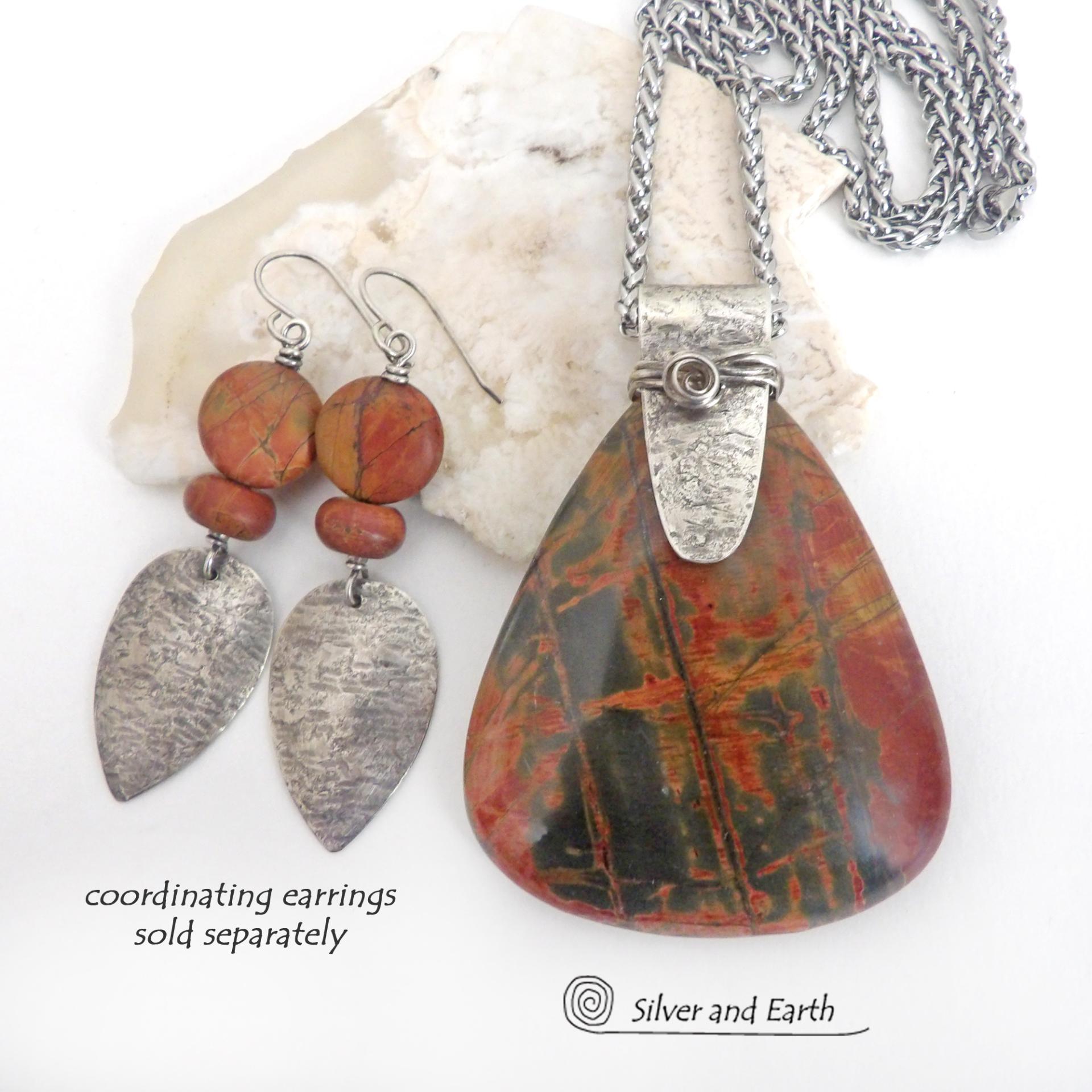 Large Red Creek Jasper Stone Sterling Silver Necklace 