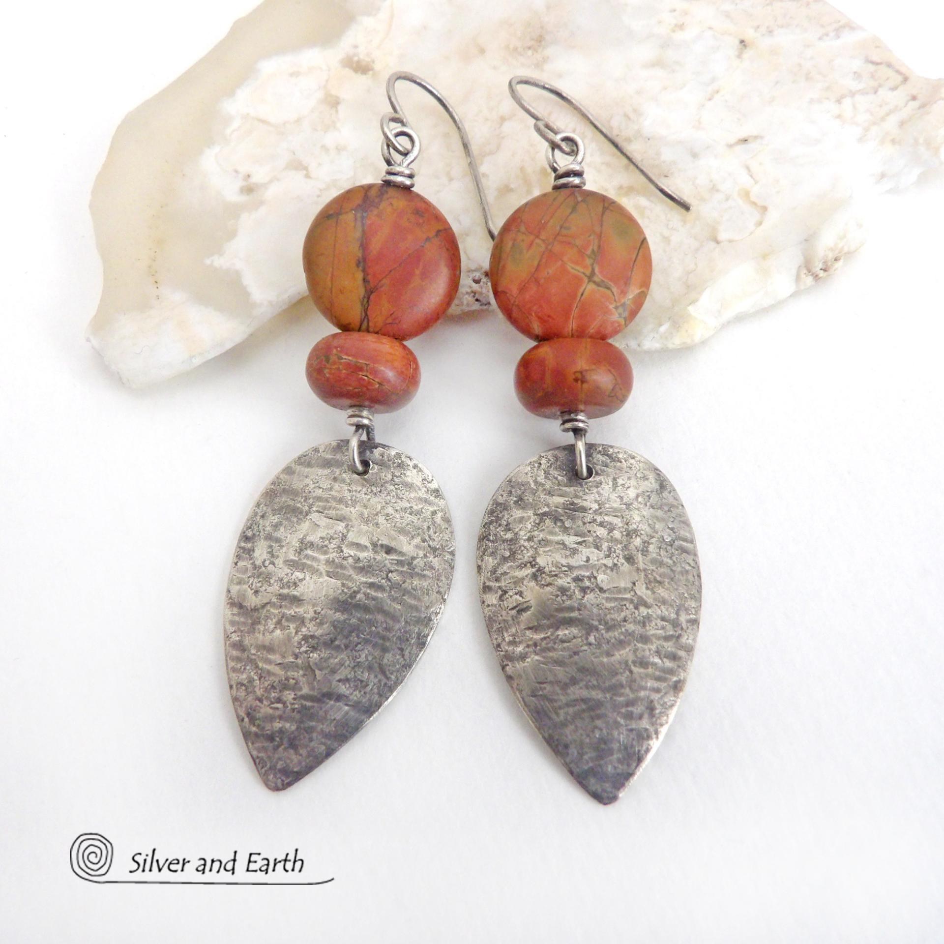 Sterling Silver Dangle Earrings with Natural Red Creek Jasper Stones