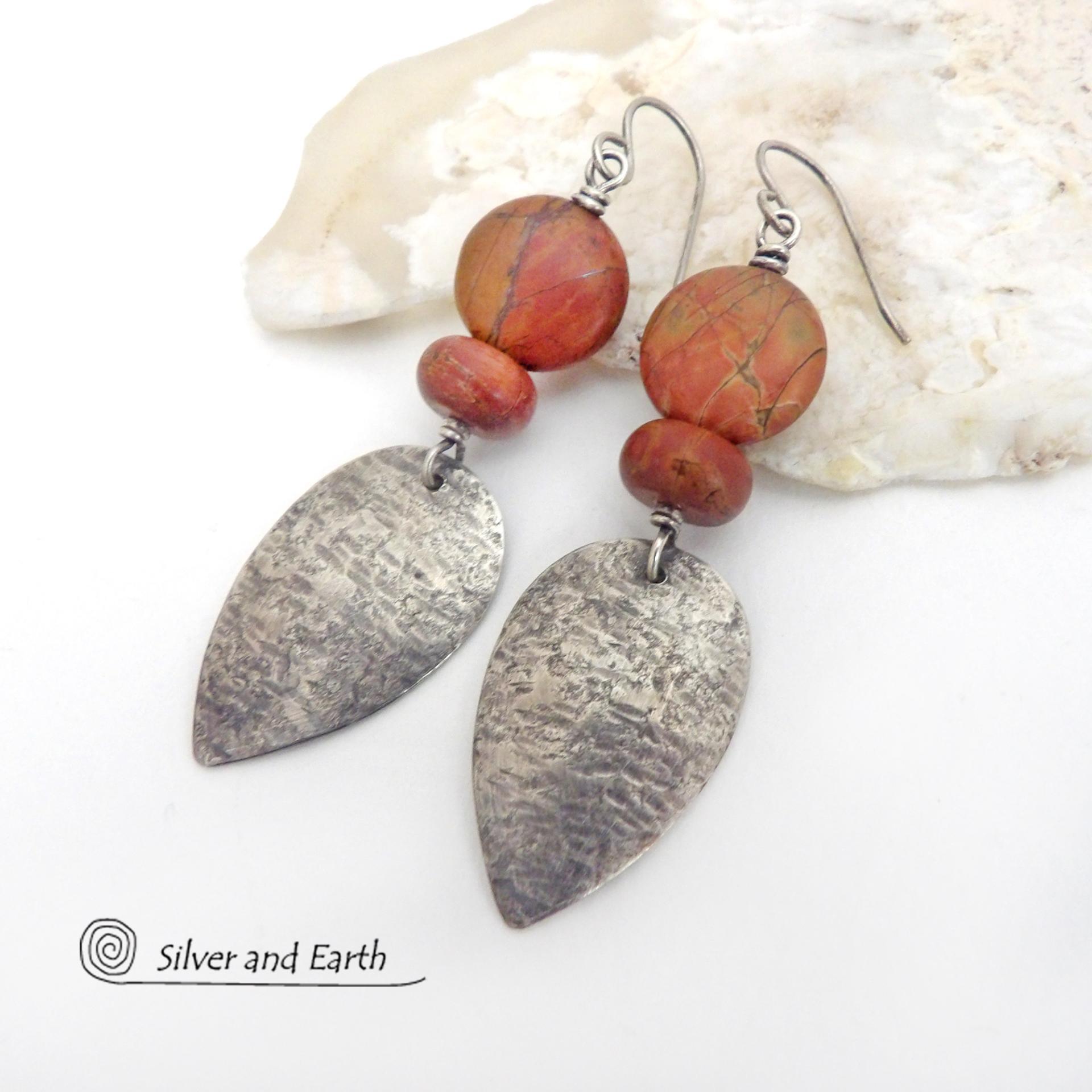 Sterling Silver Dangle Earrings with Natural Red Creek Jasper Stones
