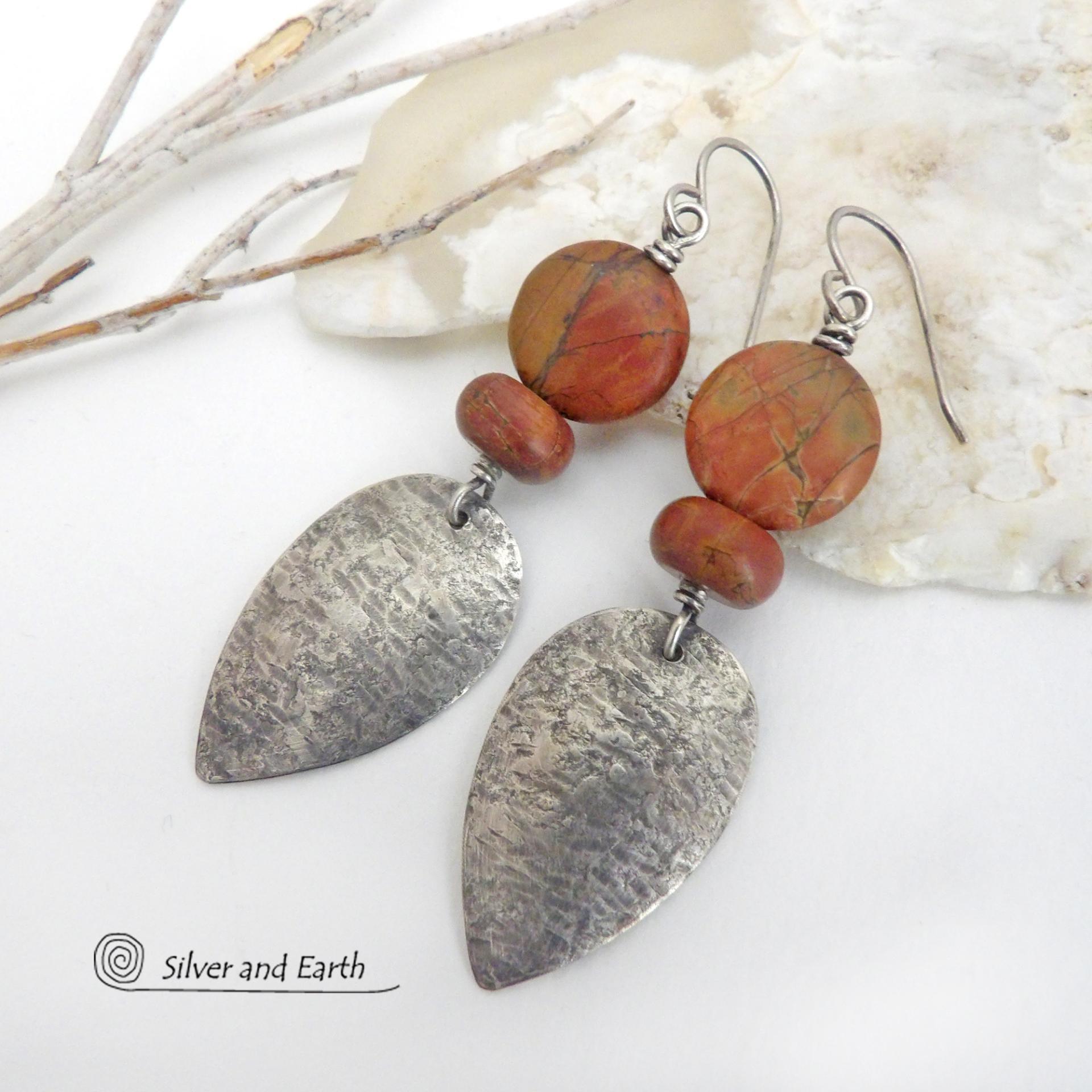 Sterling Silver Dangle Earrings with Natural Red Creek Jasper Stones
