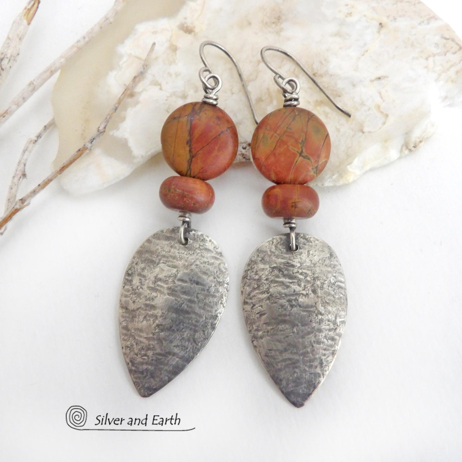 Sterling Silver Dangle Earrings with Natural Red Creek Jasper Stones