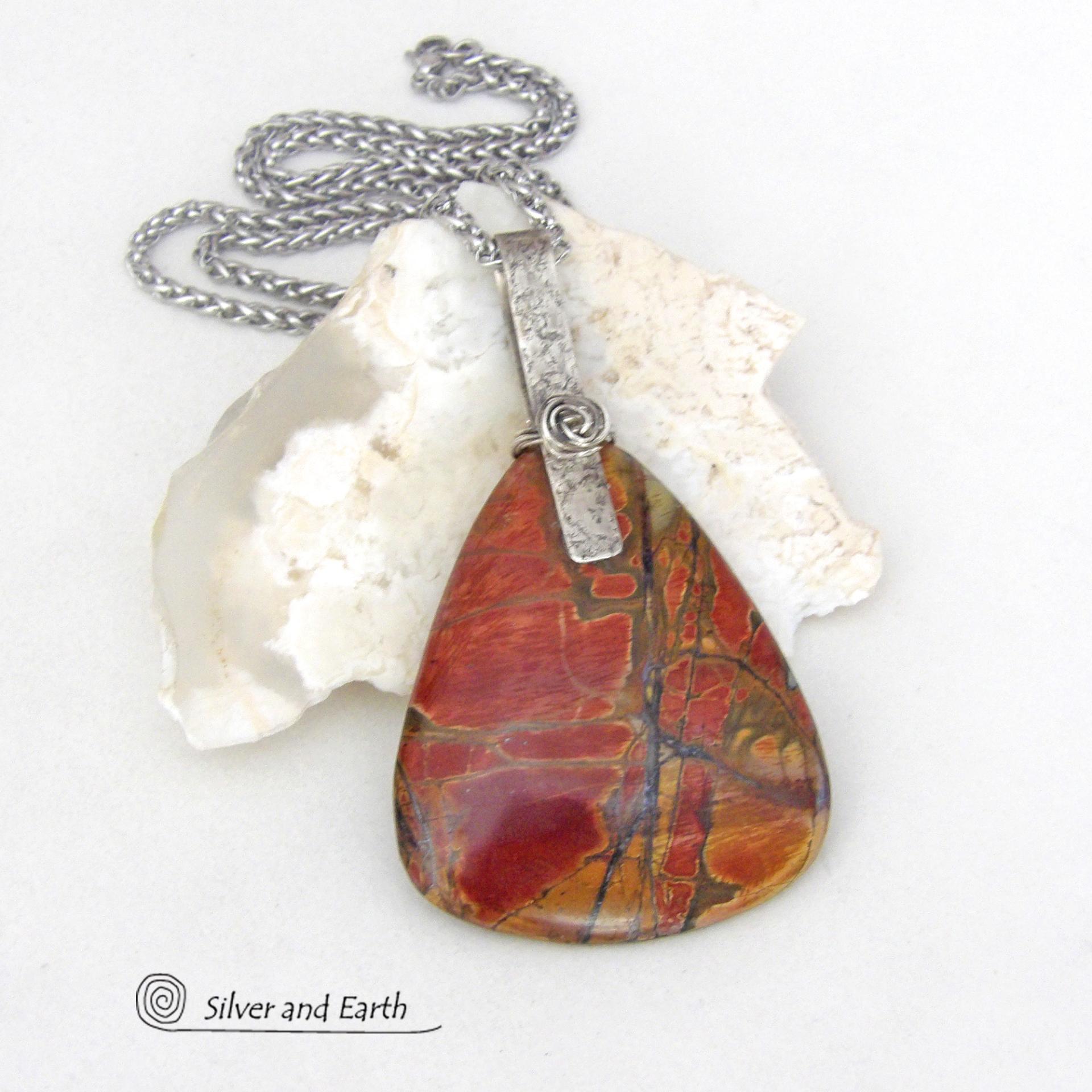Large Red Creek Jasper Sterling Silver Necklace - Bold Earthy Natural Stone Jewelry