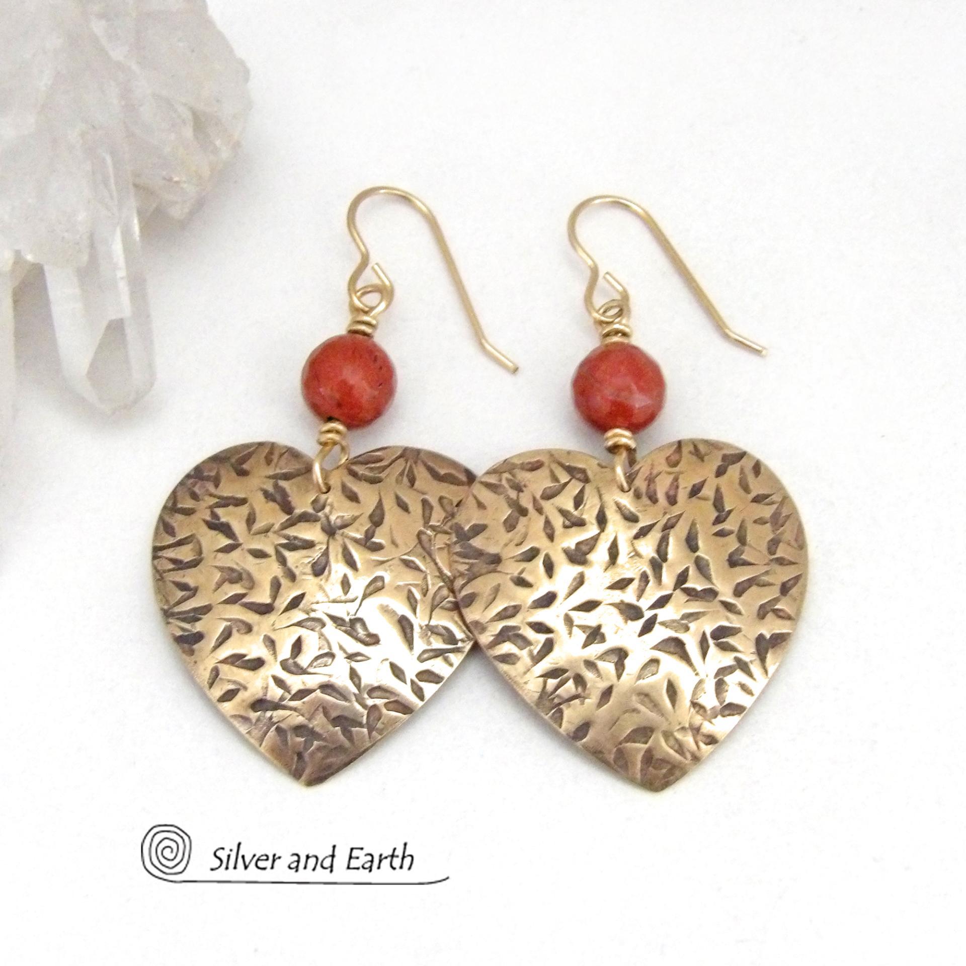 Gold Brass Heart Earrings with Faceted Red Jasper Gemstones - Romantic Jewelry Gifts for Women
