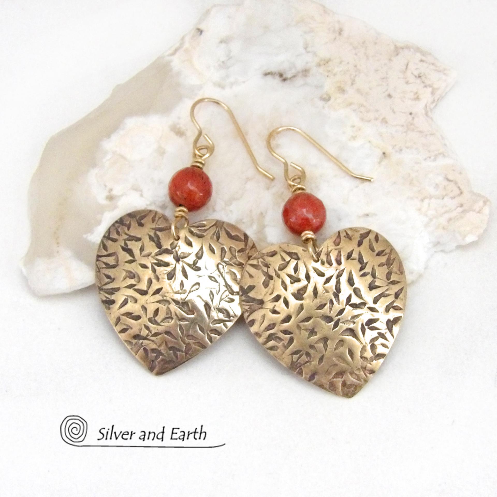 Gold Brass Heart Earrings with Faceted Red Jasper Gemstones - Romantic Jewelry Gifts for Women