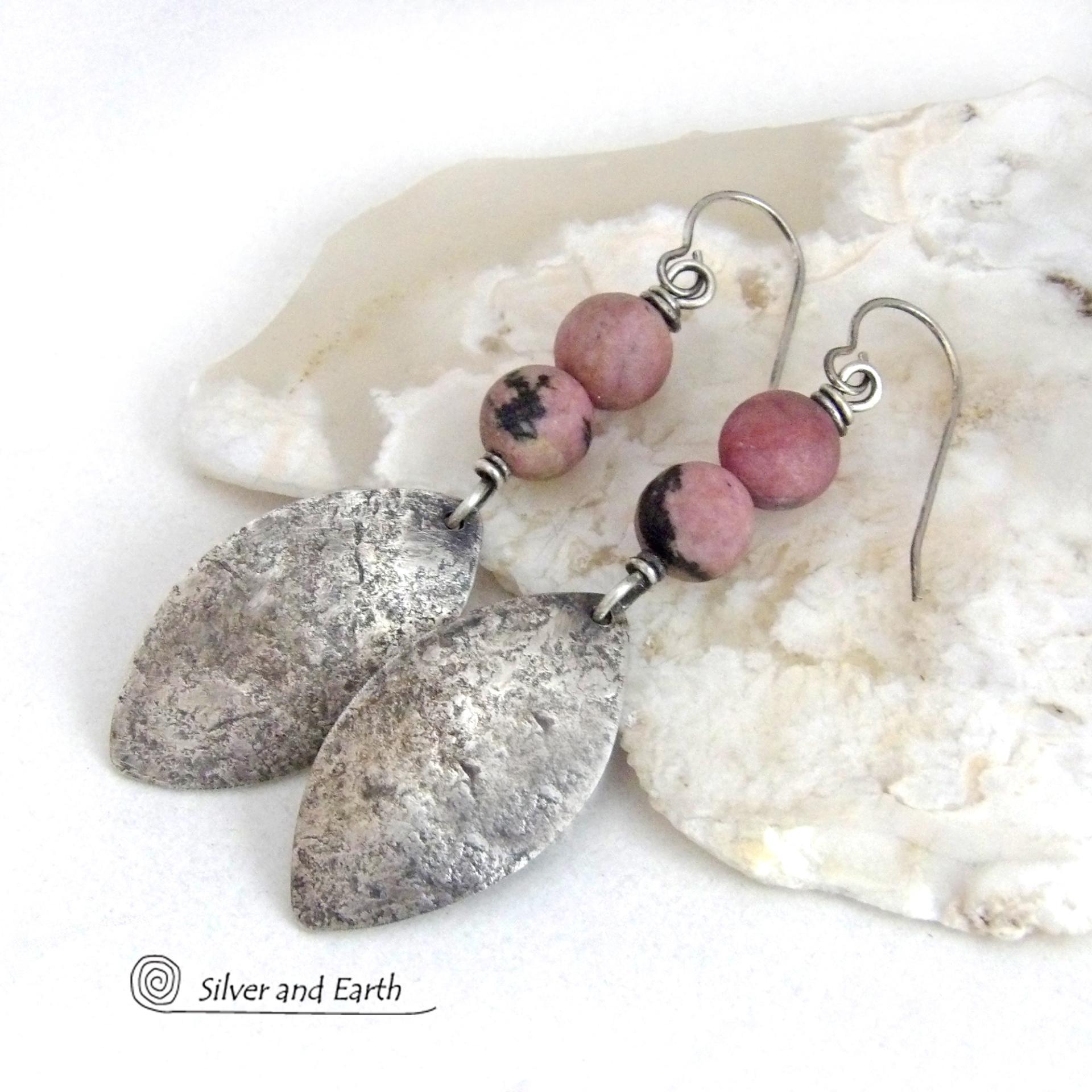 Hammered Sterling Silver Earrings with Pink Rhodonite Gemstones - Artisan Handcrafted Sterling Silver Jewelry