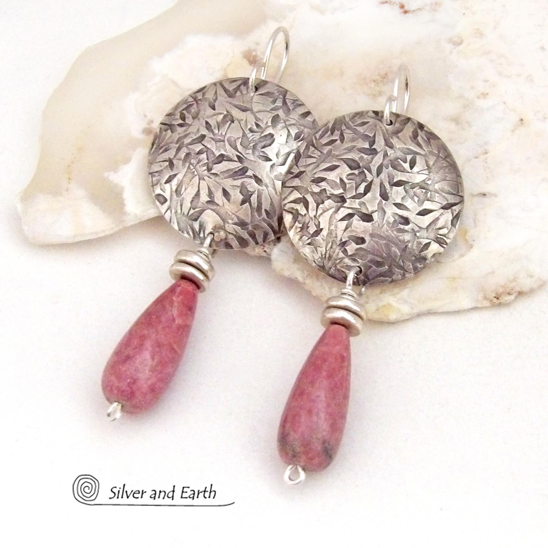 Sterling Silver Earrings with Pink Rhodonite Gemstones - Handmade Silver & Stone Jewelry
