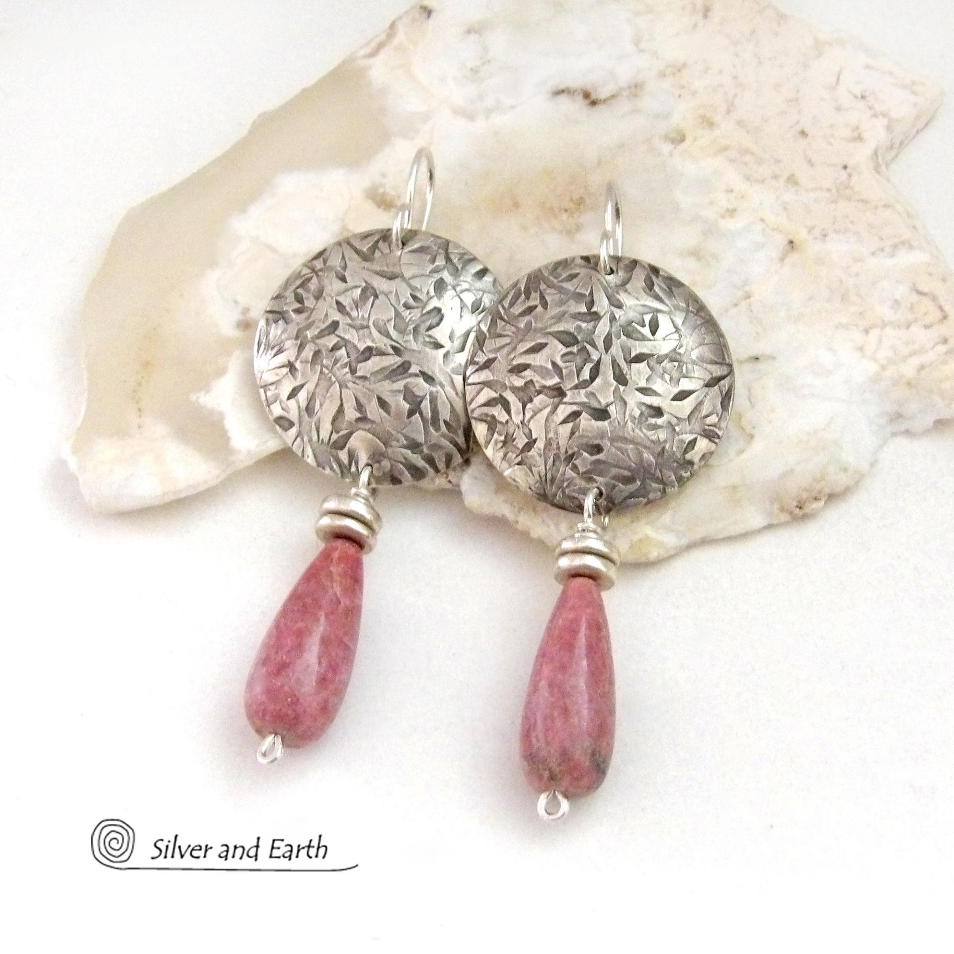 Sterling Silver Earrings with Pink Rhodonite Gemstones - Handmade Silver & Stone Jewelry