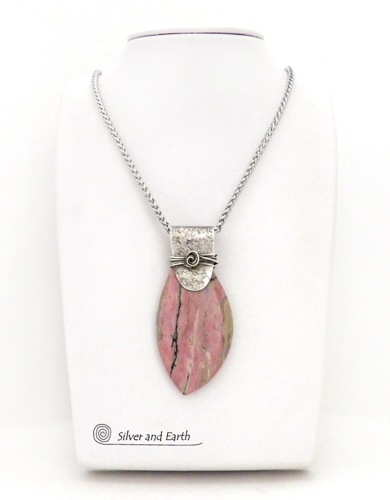 Large Pink Rhodonite Sterling Silver Necklace - Unique One of a Kind Natural Gemstone Jewelry