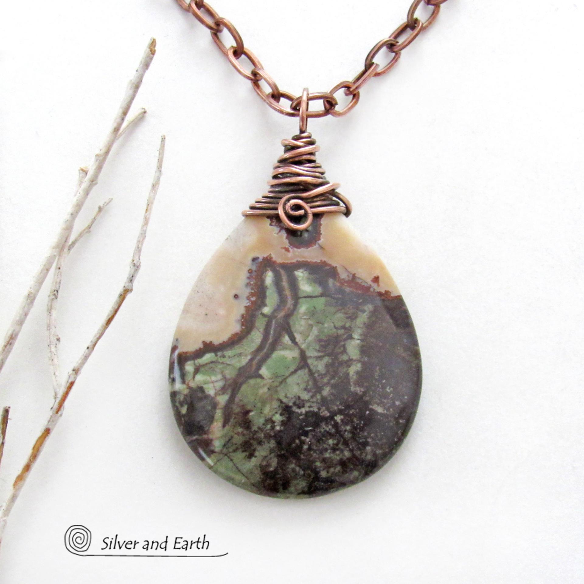 Copper Wire Wrapped Rhyolite Jasper Stone Pendant Necklace - Earthy Boho One of a Kind Natural Gemstone Jewelry