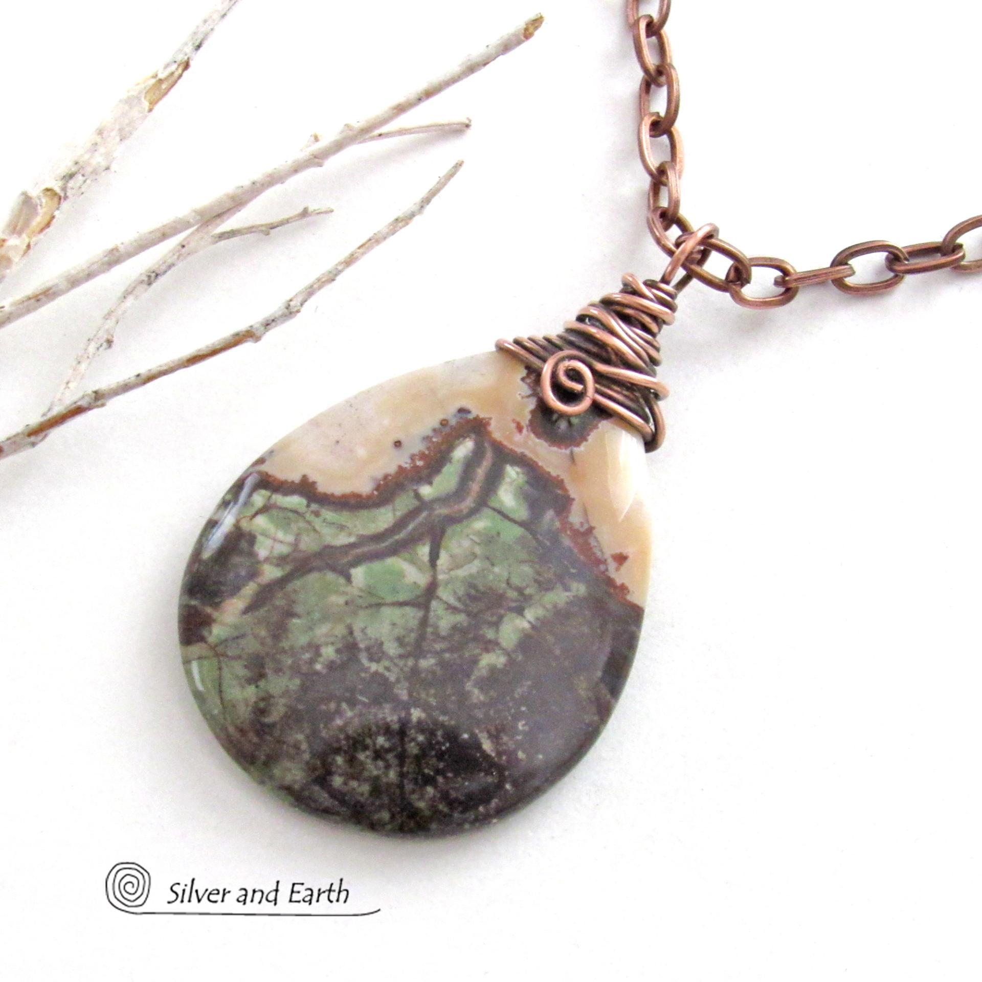 Copper Wire Wrapped Rhyolite Jasper Stone Pendant Necklace - Earthy Boho One of a Kind Natural Gemstone Jewelry