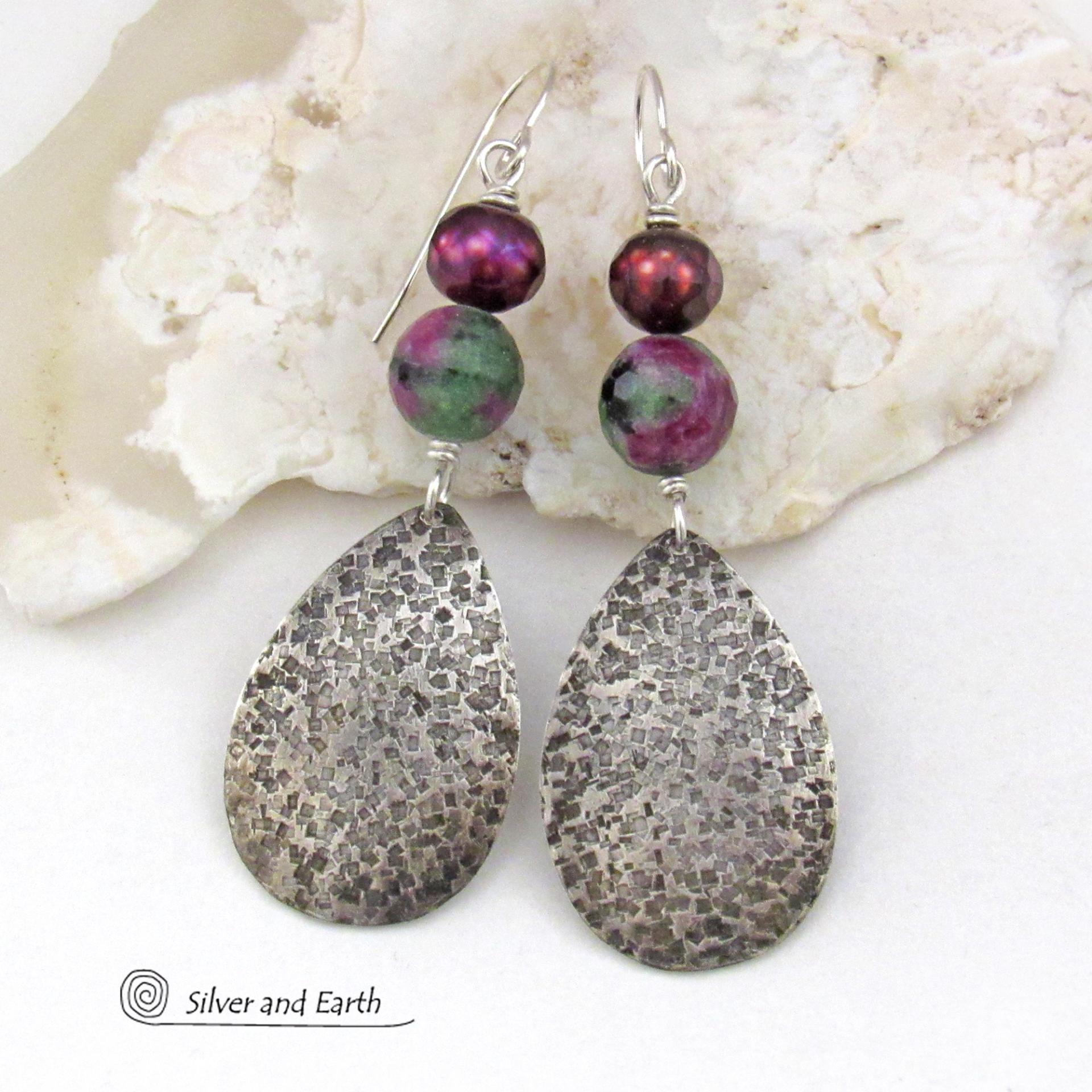 Sterling Silver Teardrop Earrings with Faceted Ruby Zoisite Gemstones and Purple Freshwater Pearls