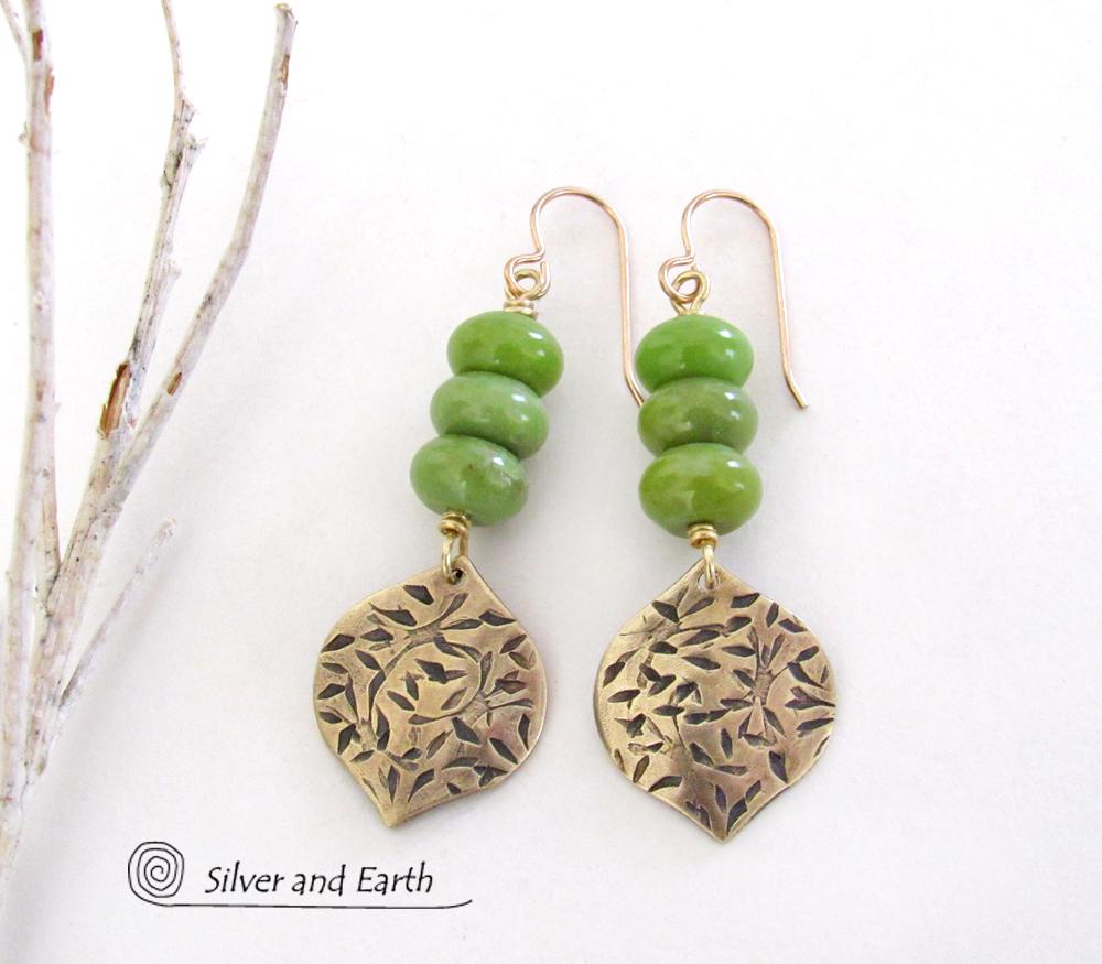 Hand Stamped Gold Brass Dangle Earrings with Green Serpentine Gemstones - Modern Earthy Chic Natural Stone Jewelry