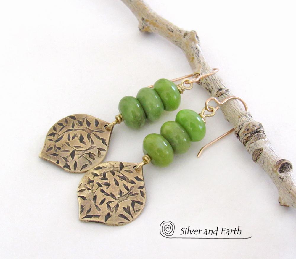 Hand Stamped Gold Brass Dangle Earrings with Green Serpentine Gemstones - Modern Earthy Chic Natural Stone Jewelry