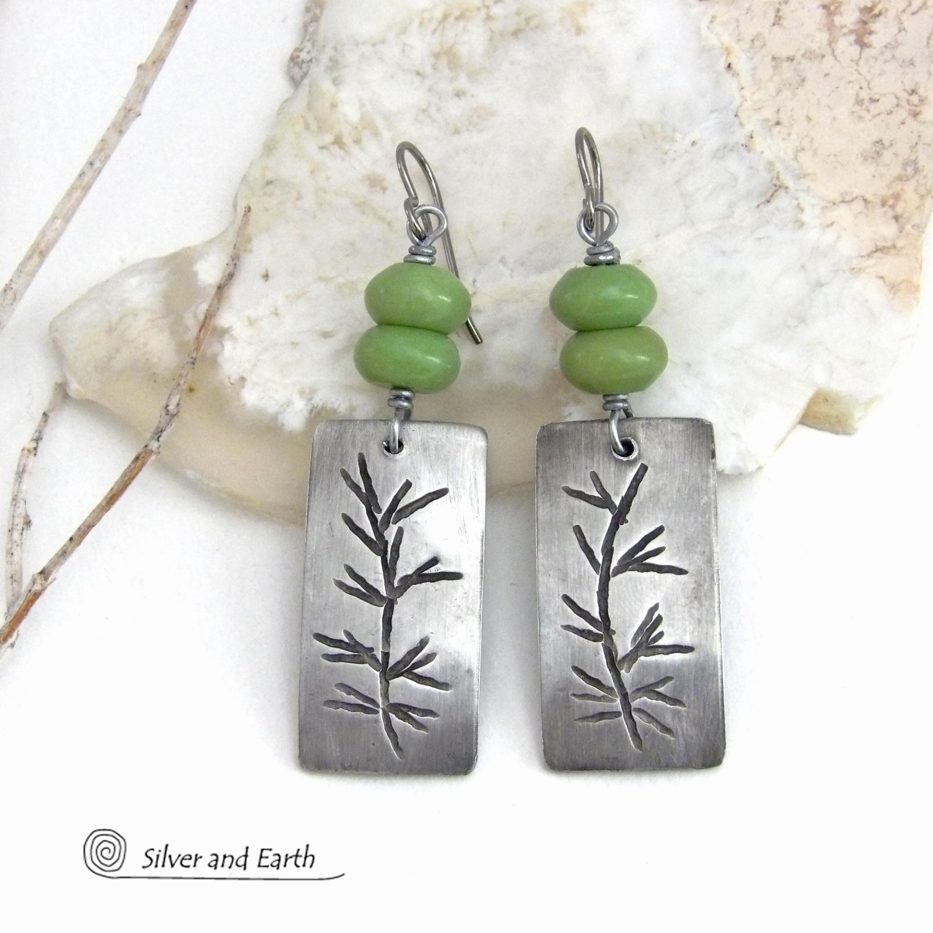 These handcrafted silver pewter earrings have a hand stamped twig design accented with natural green serpentine gemstones. Lightweight and comfortable to wear - they have a modern, earthy style and will make a great gift for a nature lover. Handmade in the USA by Silver and Earth Jewelry.