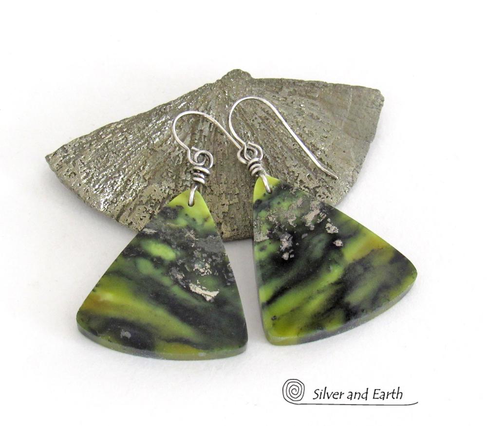 Green Serpentine Gemstone Earrings - One of a Kind Earthy Natural Stone Jewelry