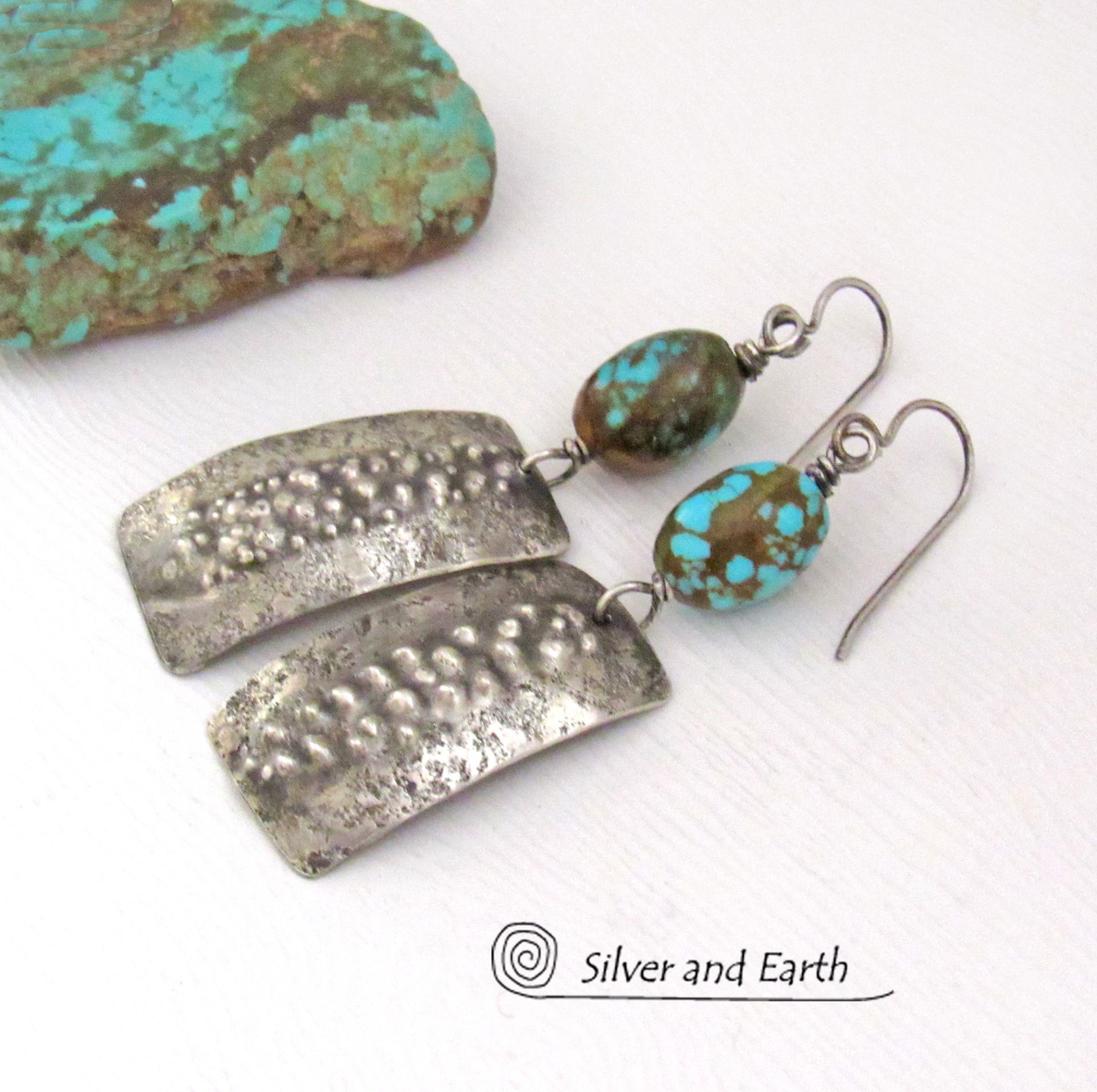 Textured Sterling Silver Earrings with Earthy Natural Turquoise Stones - Edgy Modern Organic Style Jewelry