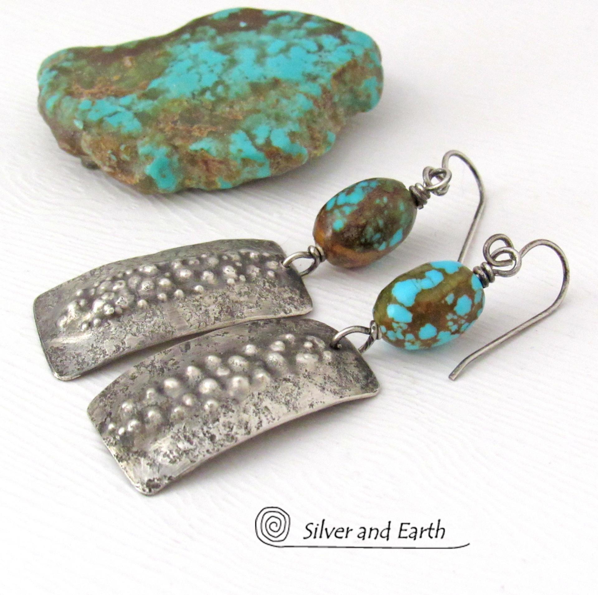 Textured Sterling Silver Earrings with Earthy Natural Turquoise Stones - Edgy Modern Organic Style Jewelry