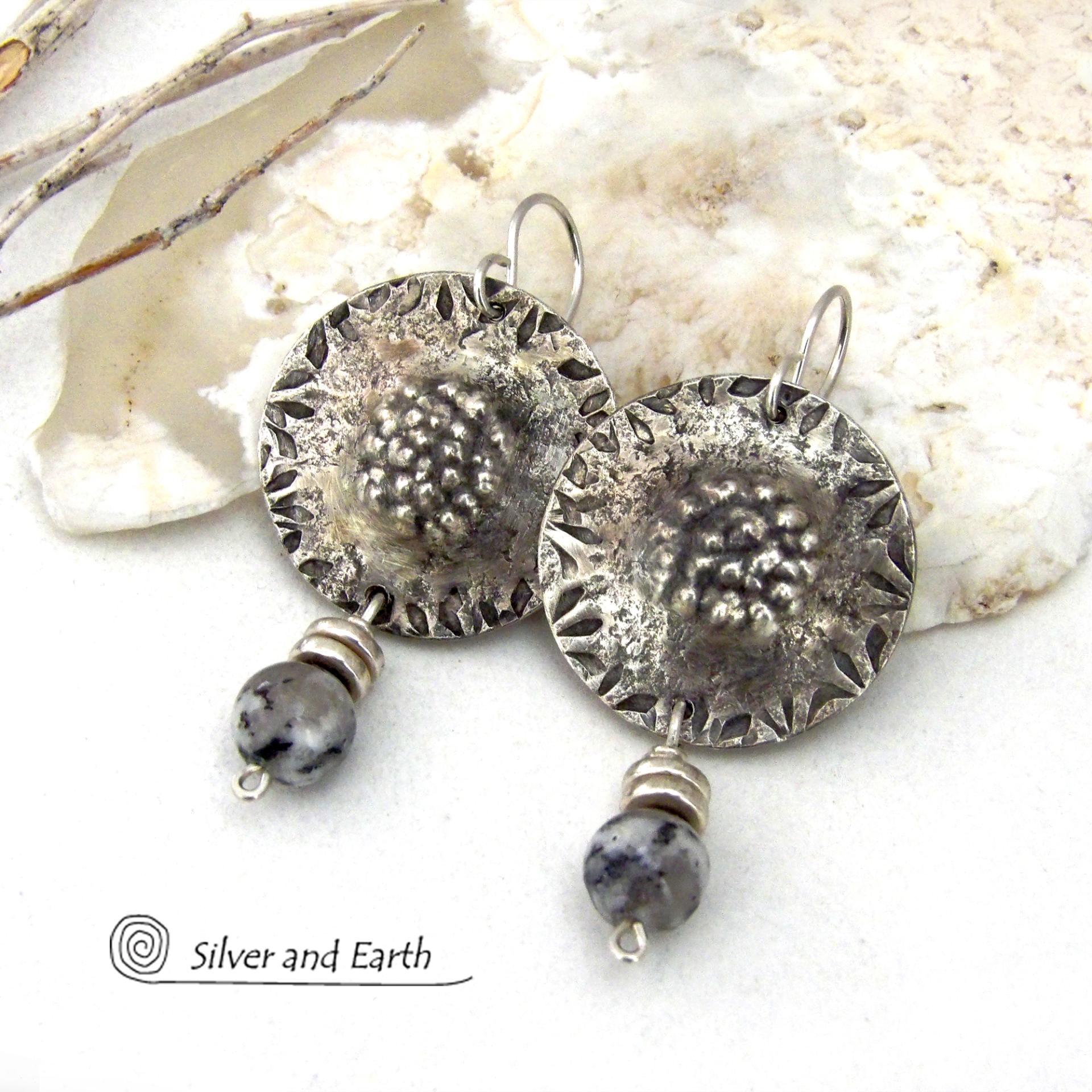 Textured Sterling Silver Earrings with Granite Agate Gemstones - Artisan Handcrafted Bold Contemporary Modern Jewelry