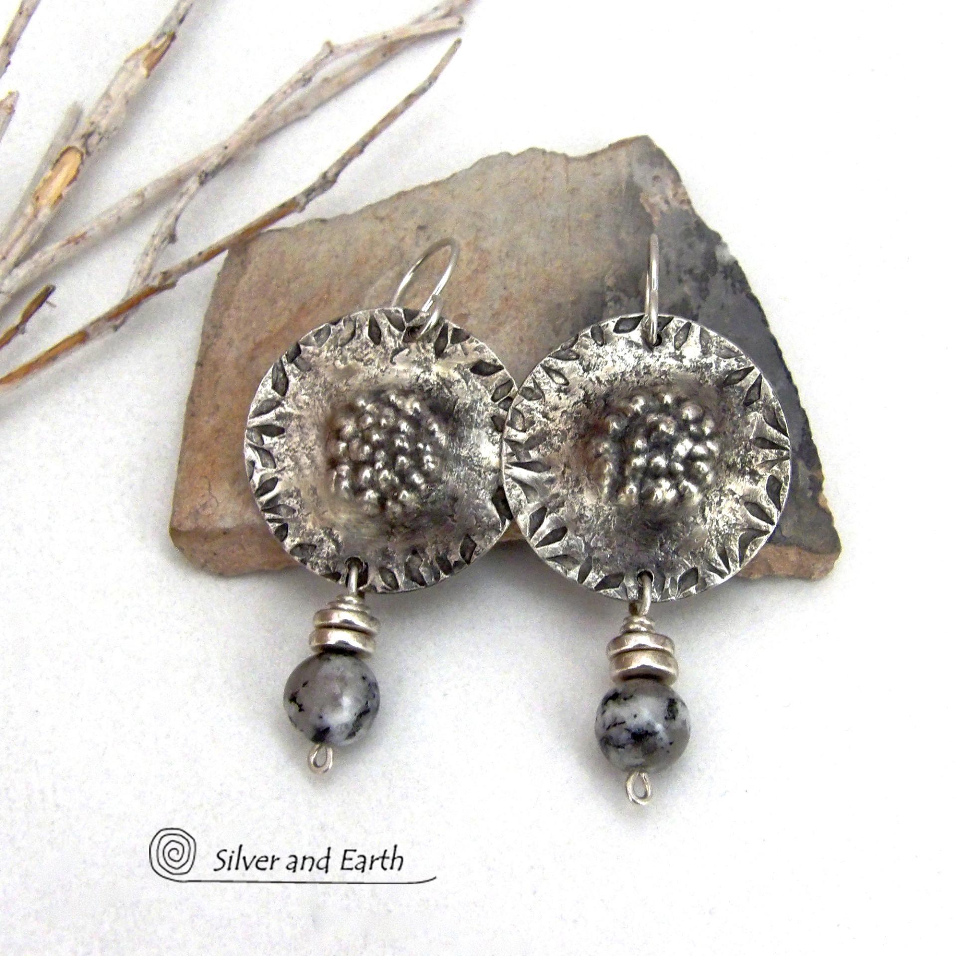 Textured Sterling Silver Earrings with Granite Agate Gemstones - Artisan Handcrafted Bold Contemporary Modern Jewelry