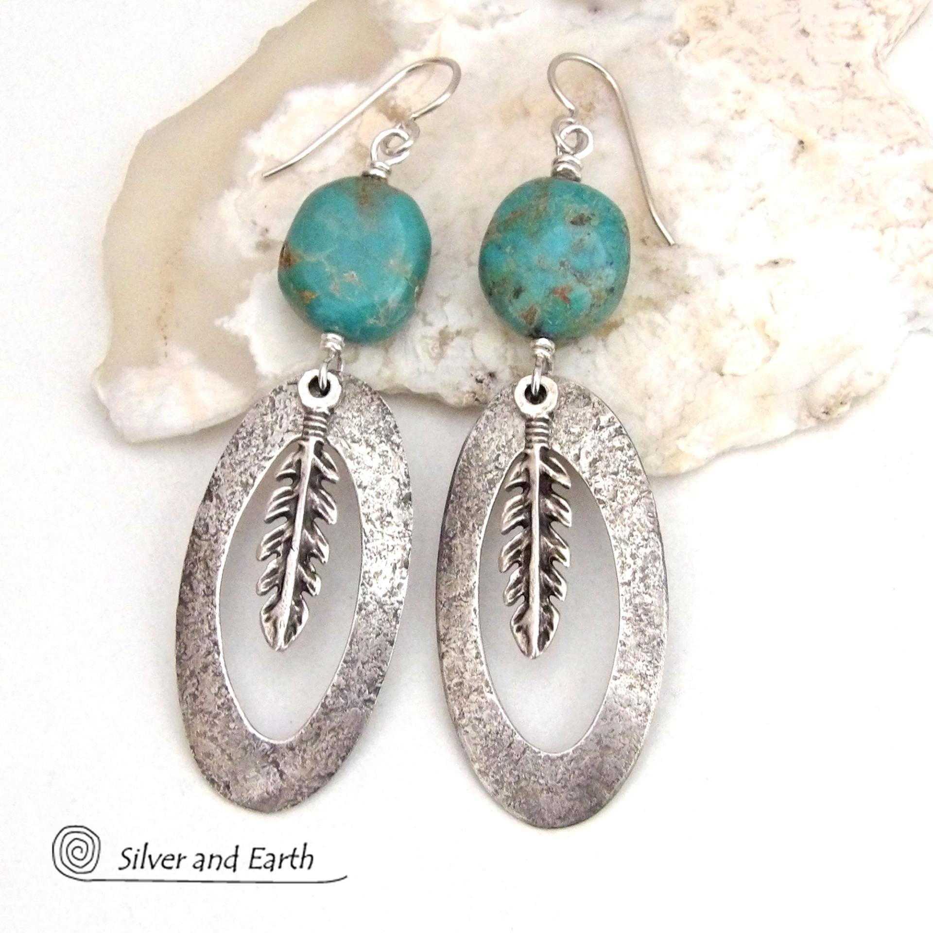 Sterling Silver Long Hoop Dangle Earrings with Turquoise Stones and Feathers - Southwest Style Jewelry
