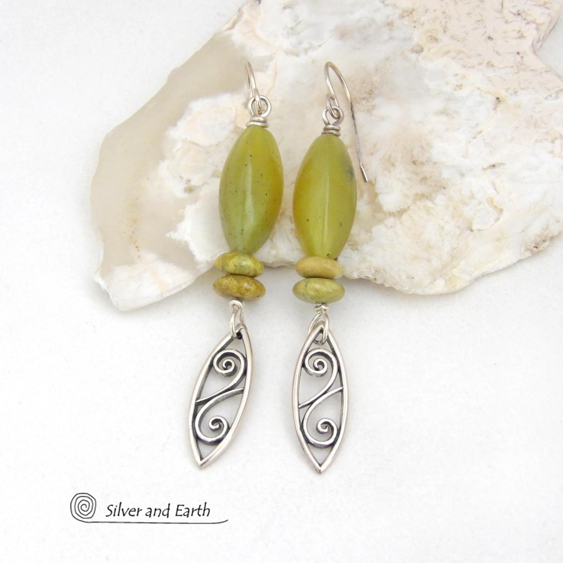 Sterling Silver Leaf Dangle Earrings with Green Serpentine Gemstones - Modern Earthy Nature Jewelry