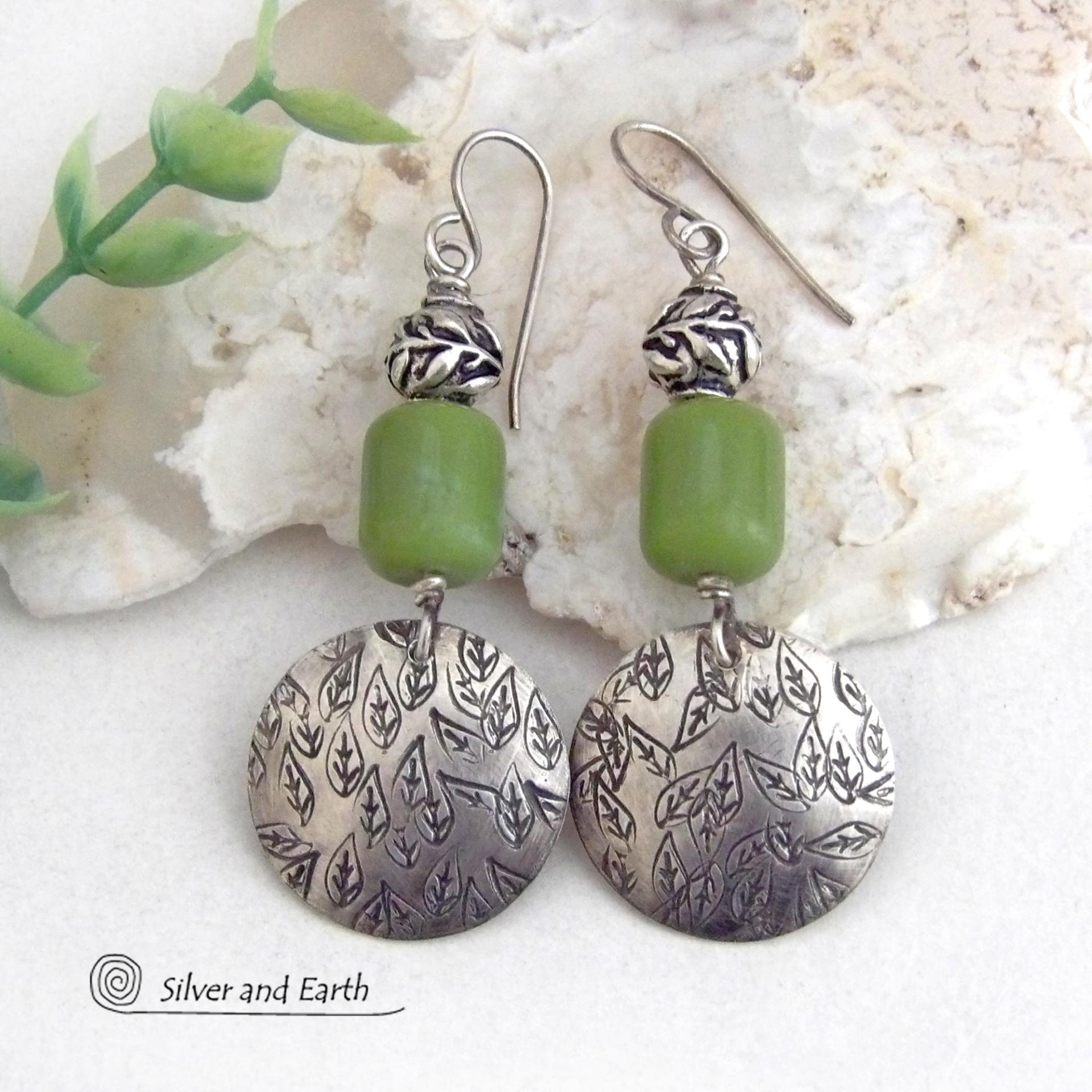 Hand Stamped Sterling Silver Leaf Earrings with Green Serpentine Stones - Nature Jewelry Gifts for Women