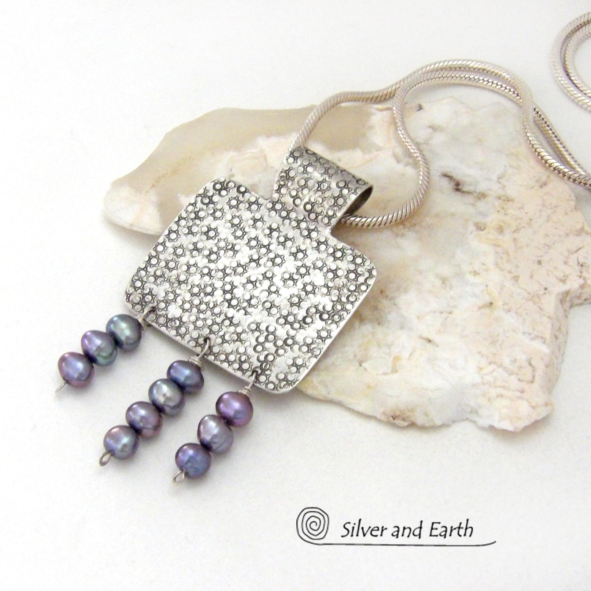 Sterling Silver Necklace with Dangling Blue Freshwater Pearls - Modern Elegant Dressy Jewelry