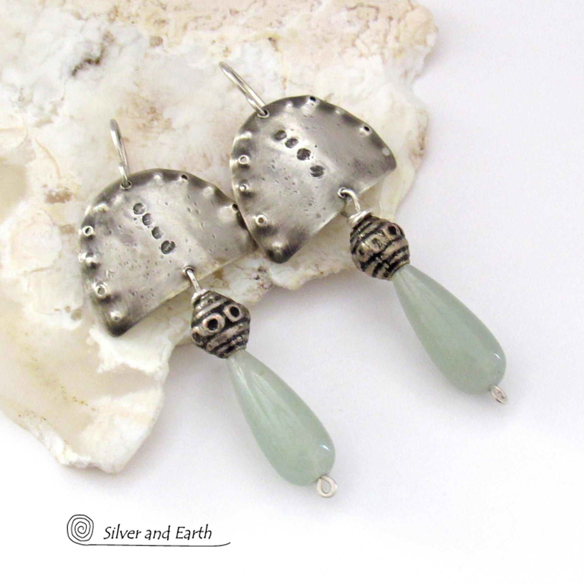 Sterling Silver Earrings with Green Aventurine Gemstones - Unique Funky Bohemian Tribal Jewelry