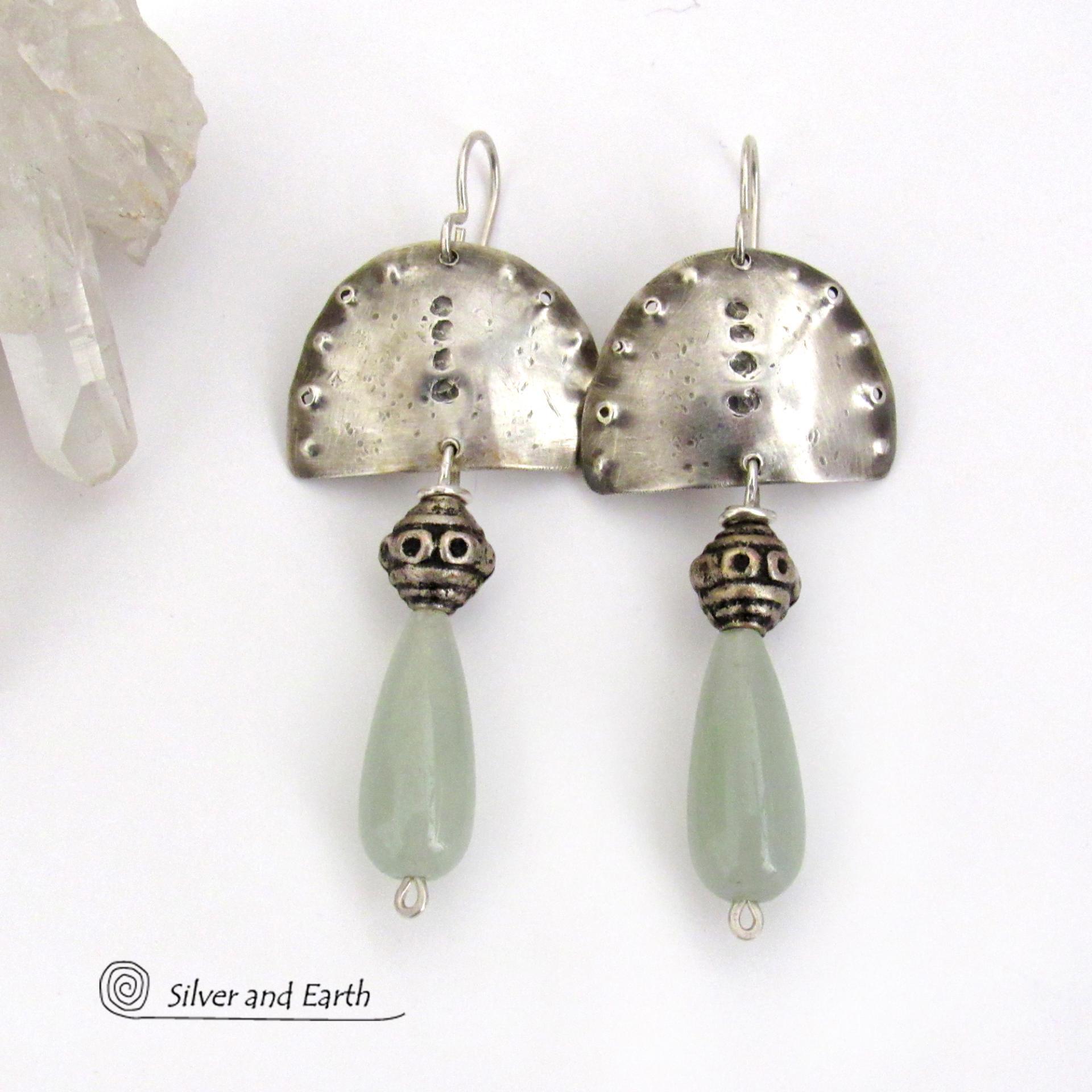 Sterling Silver Earrings with Green Aventurine Gemstones - Unique Funky Bohemian Tribal Jewelry