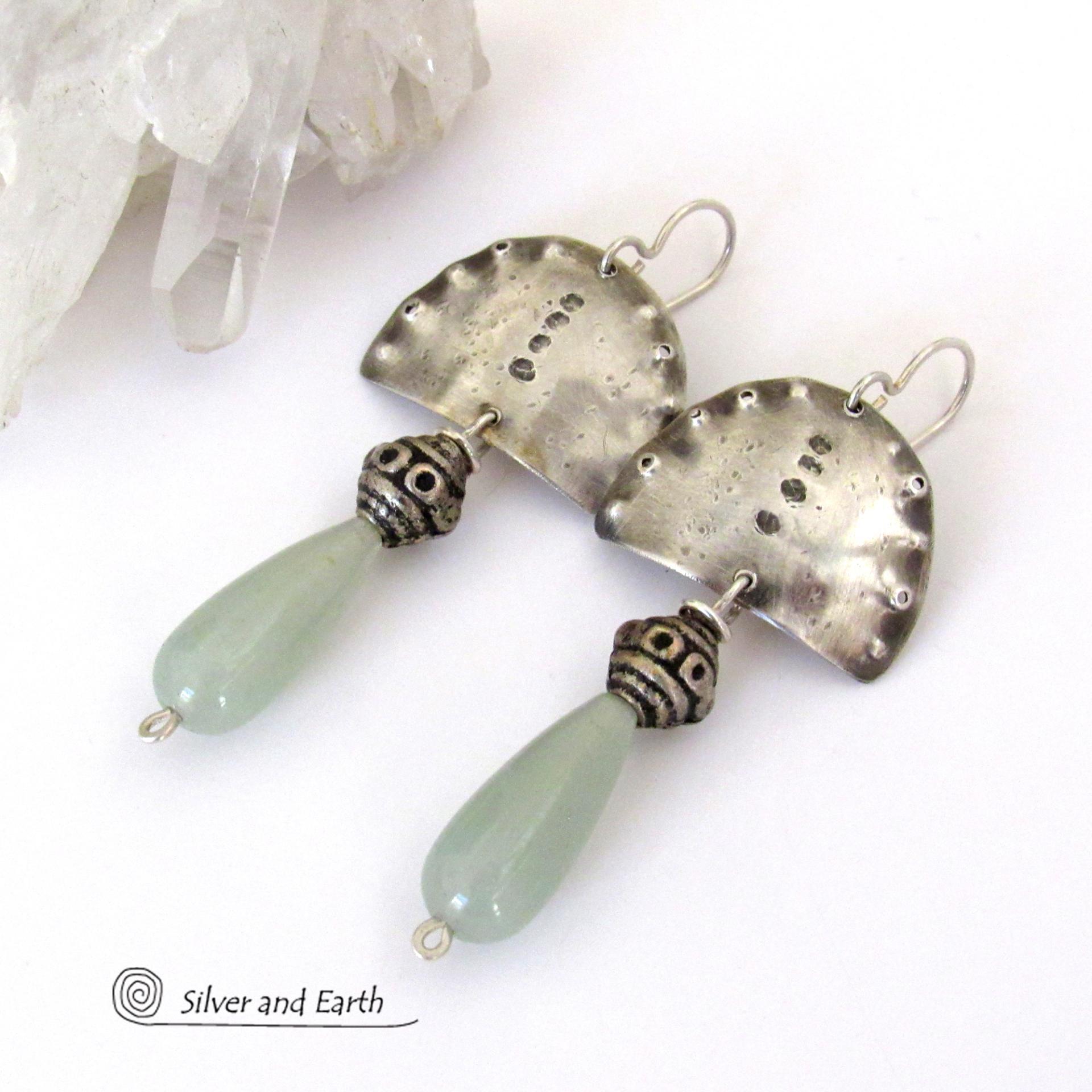 Sterling Silver Earrings with Green Aventurine Gemstones - Unique Funky Bohemian Tribal Jewelry