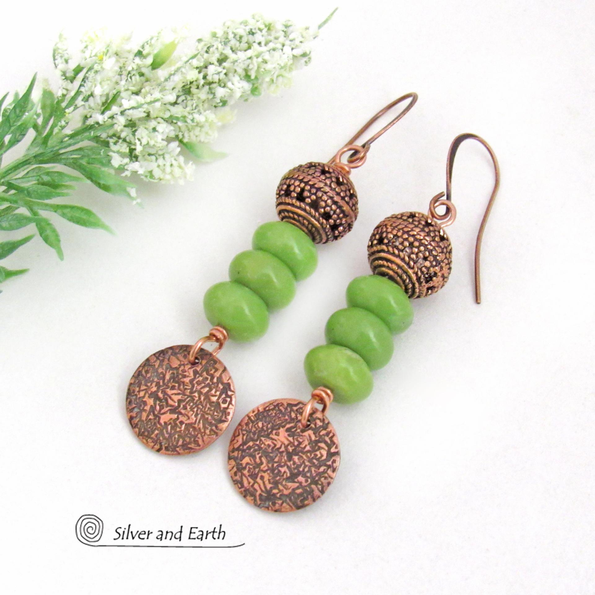 Textured Copper Dangle Earrings with Green Serpentine Gemstones and Filigree Beads - Earthy Modern Boho Chic Artisan Handmade Jewelry