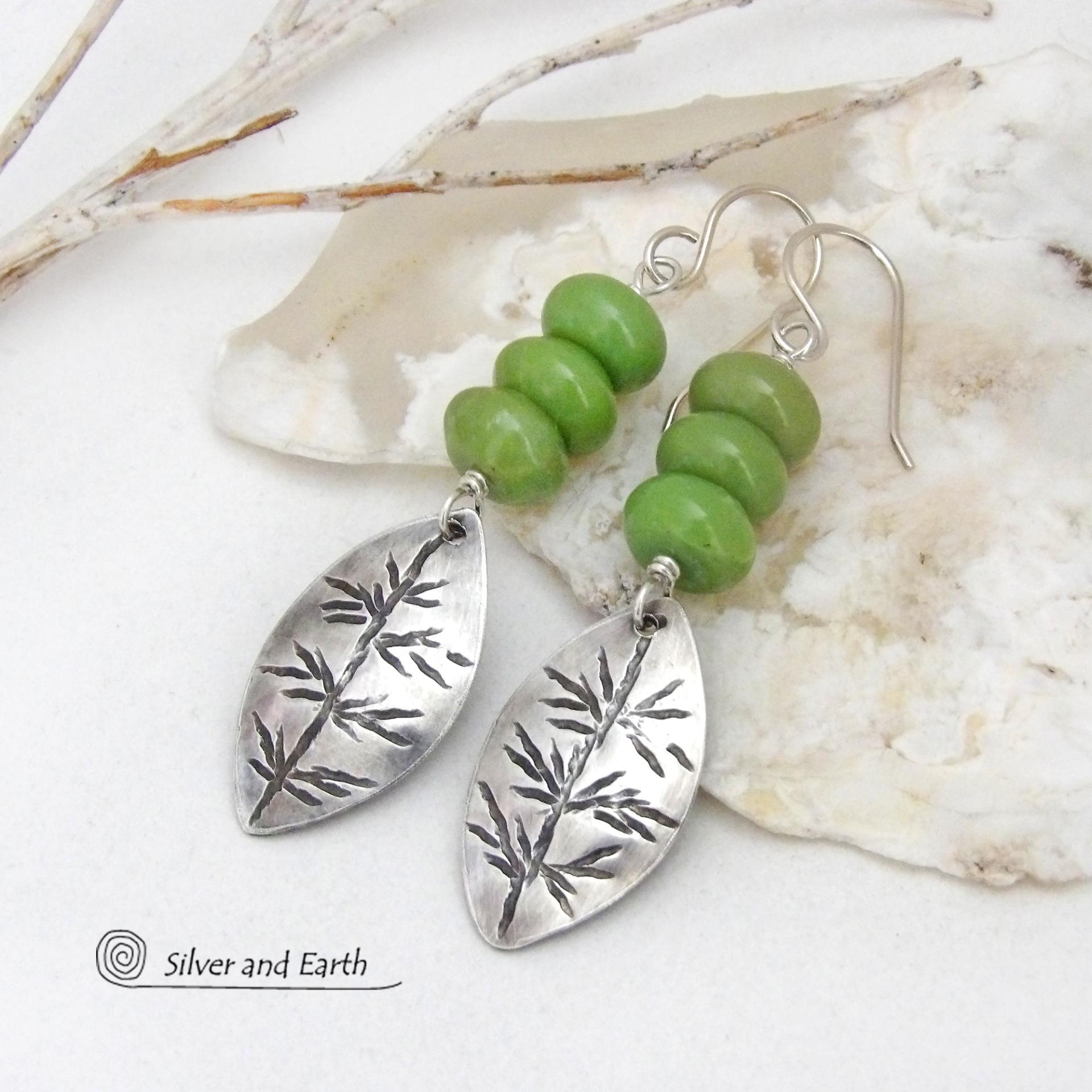 These earrings feature handcrafted small solid sterling silver leaves with a hand stamped texture accented with a stack of natural green serpentine gemstones. Lightweight and comfortable to wear - they have an earthy, natural style and will make a great gift for a nature lover or a nice addition to your own jewelry wardrobe.