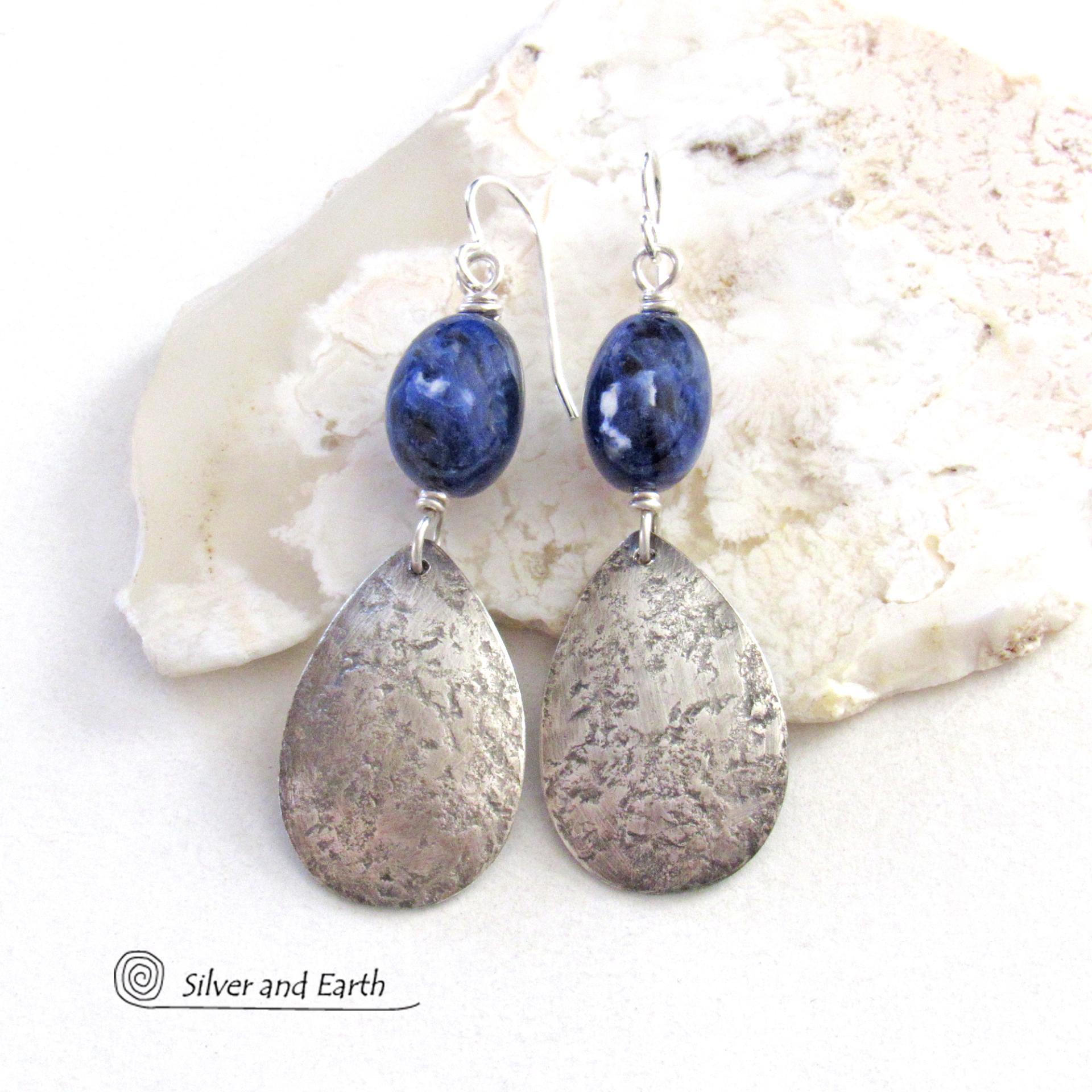 Sterling Silver Dangle Earrings with Blue Sodalite Gemstones - Artisan Handcrafted Silver and Natural Stone Jewelry