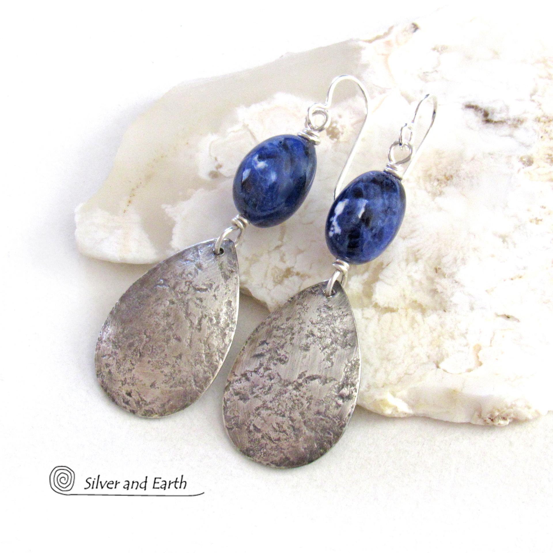 Sterling Silver Dangle Earrings with Blue Sodalite Gemstones - Artisan Handcrafted Silver and Natural Stone Jewelry