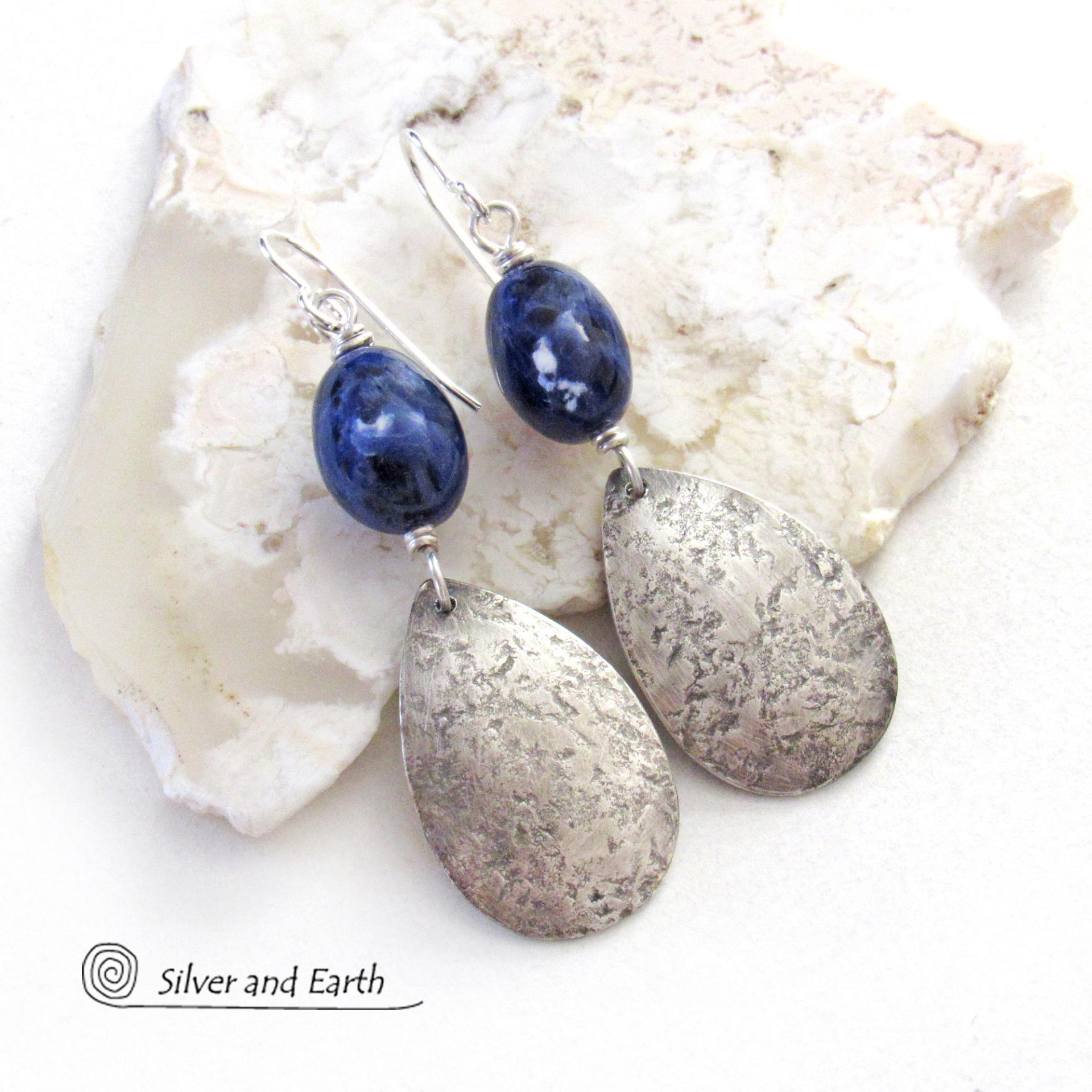 Sterling Silver Dangle Earrings with Blue Sodalite Gemstones - Artisan Handcrafted Silver and Natural Stone Jewelry