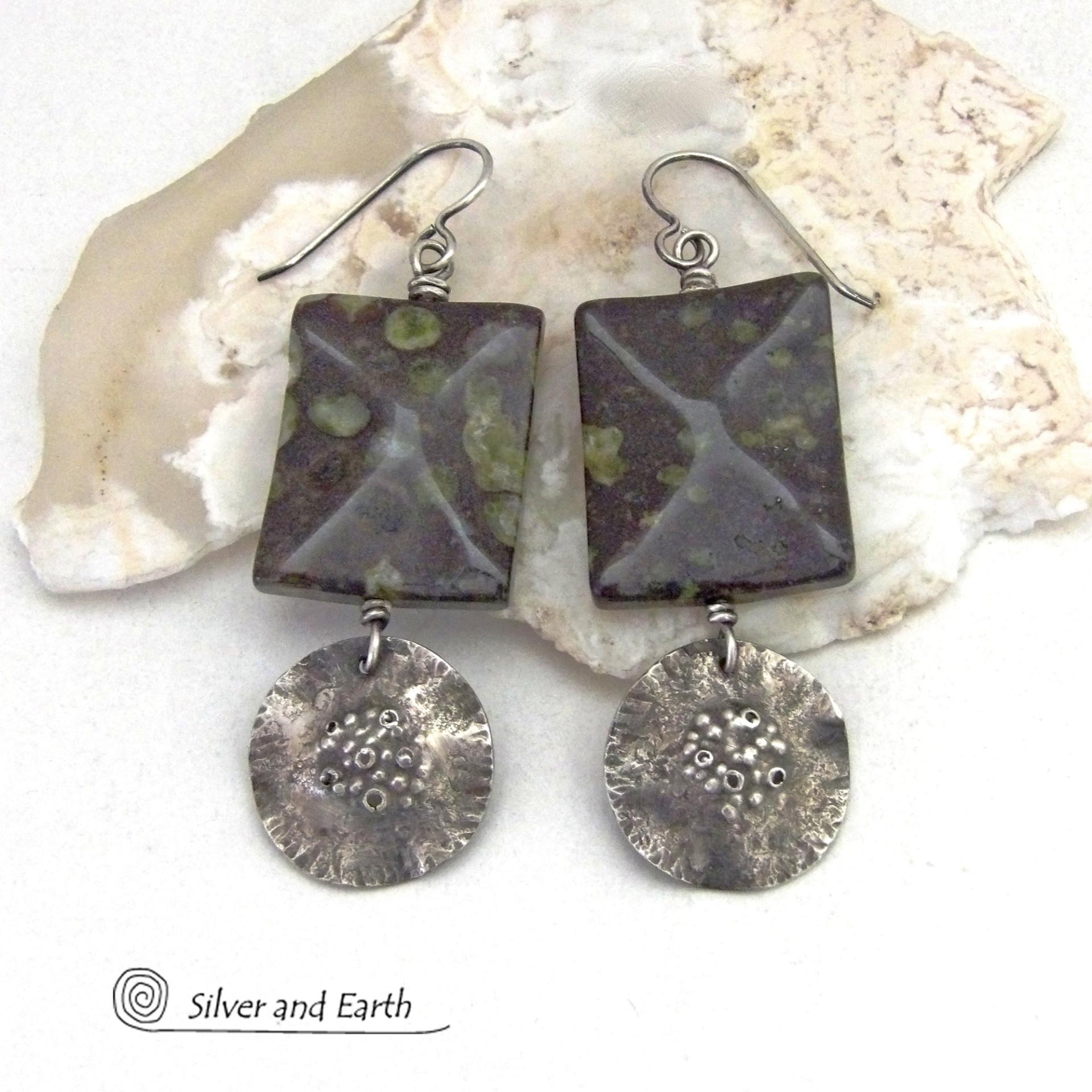 Textured Sterling Silver Earrings with Green Black Spotted Jasper Stones - Artisan Handcrafted Earthy Natural Stone Jewelry