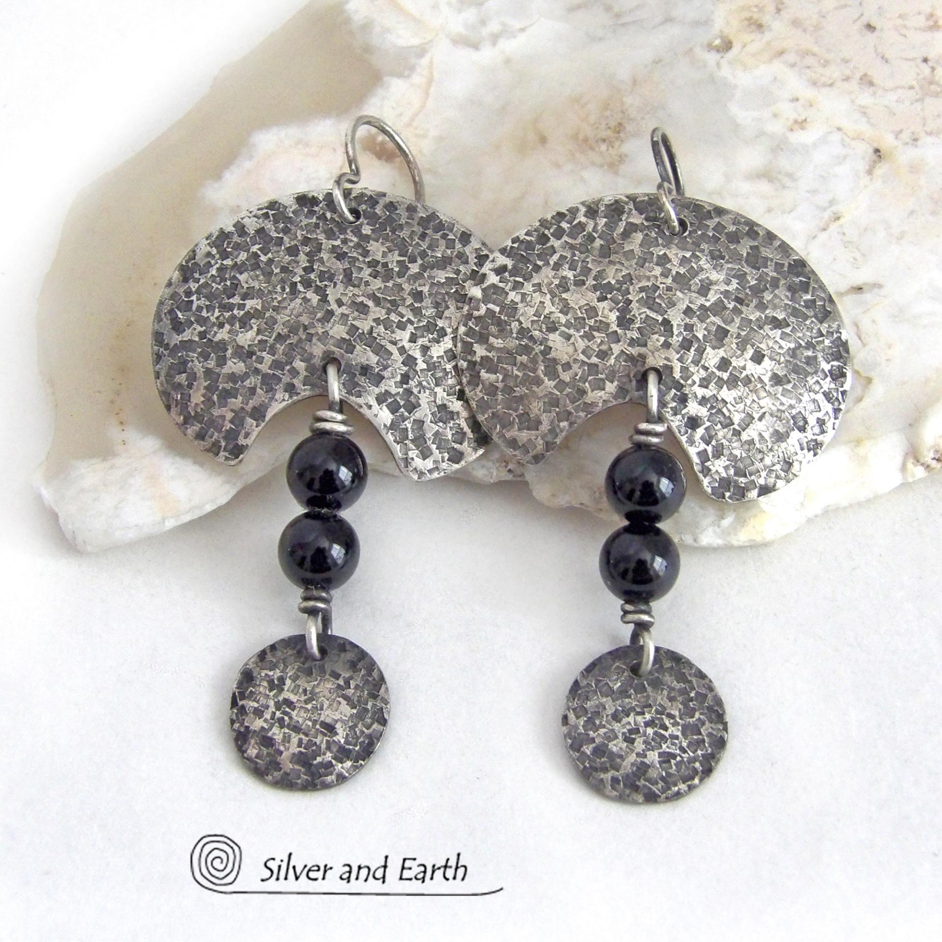 Hammered Oxidized Sterling Silver Earrings with Black Onyx Gemstones - Bold Edgy Modern Silver Jewelry