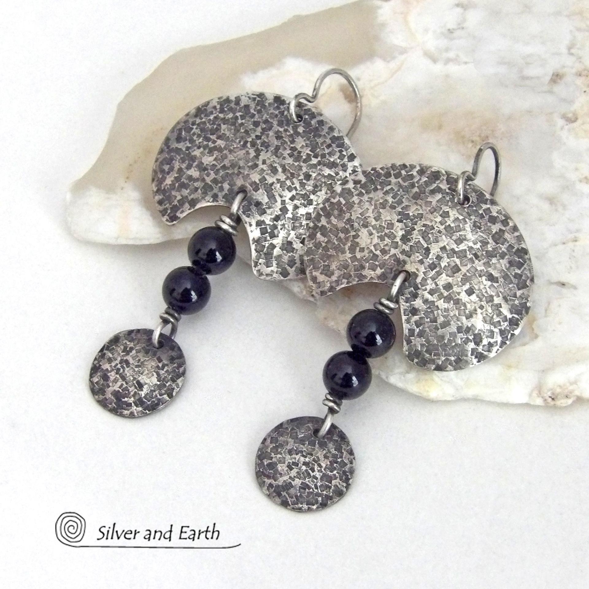 Hammered Oxidized Sterling Silver Earrings with Black Onyx Gemstones - Bold Edgy Modern Silver Jewelry